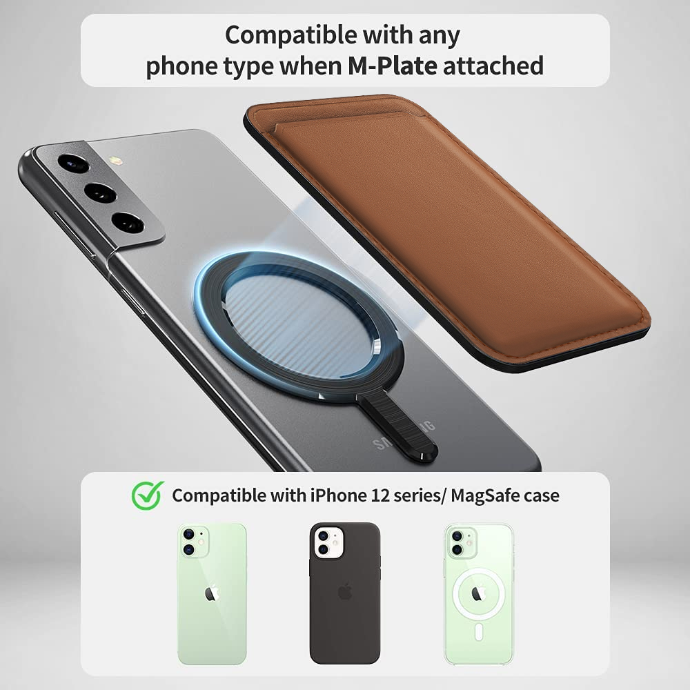 Eine braune Handyhülle aus Leder mit einem MagSafe-Magneten neben einem Telefon auf einem weißen Hintergrund.