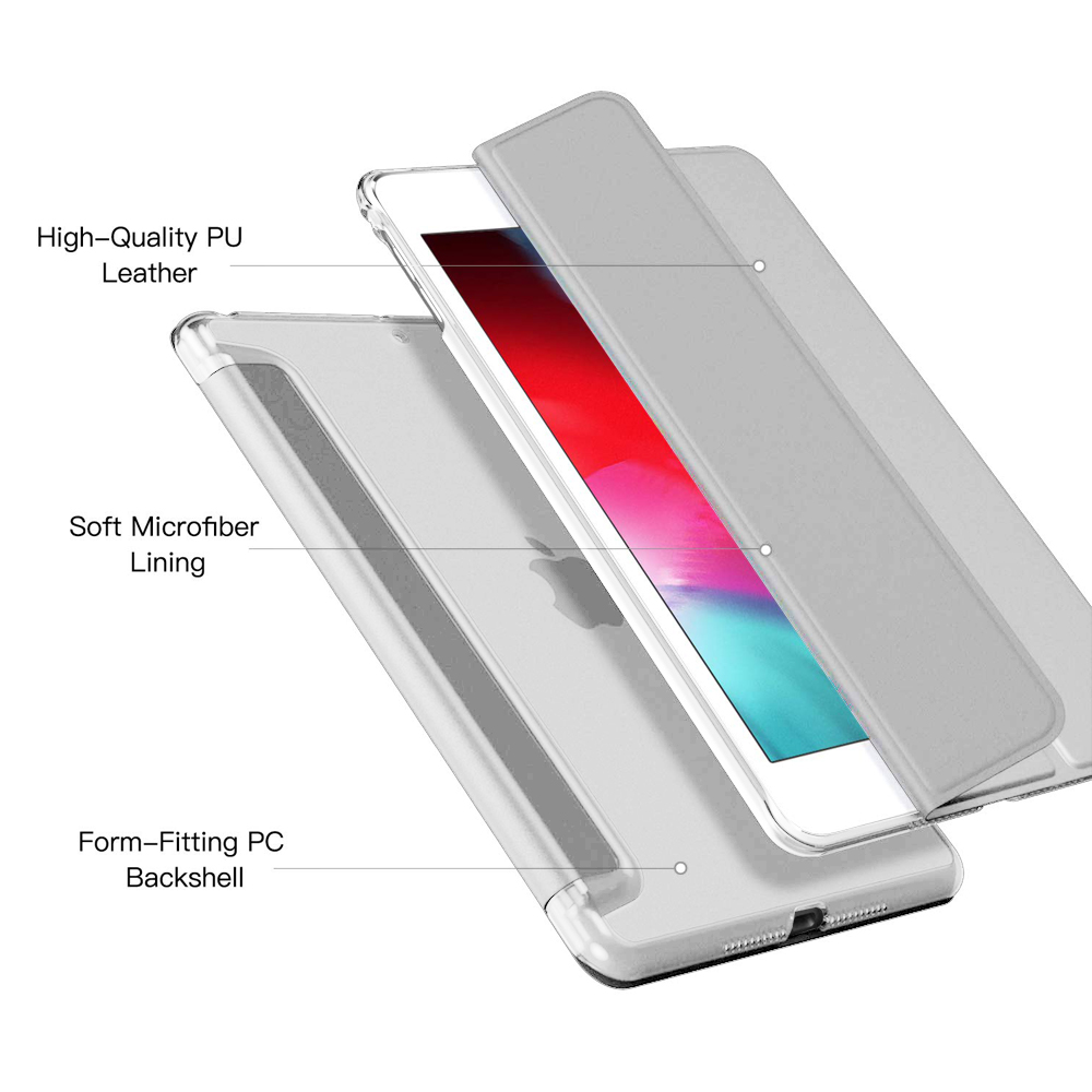 Eine Tablet-Hülle mit transparentem Design. Die Hülle ist geöffnet und zeigt das Tablet im Inneren, mit Etiketten.