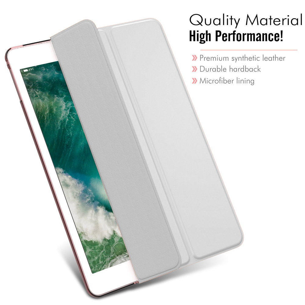 Ein Tablet mit weißer Hülle ist geöffnet und gibt den Bildschirm frei. Text hebt hochwertiges Material und Leistung hervor.