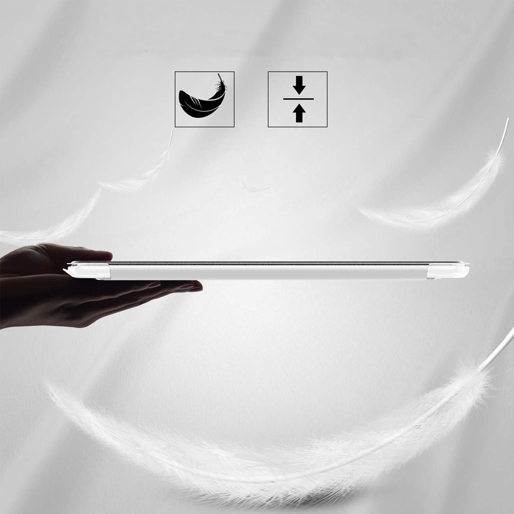 Ein Tablet in einer Hülle. Zwei Symbole: Feder und Pfeil. Federn schweben im Hintergrund.