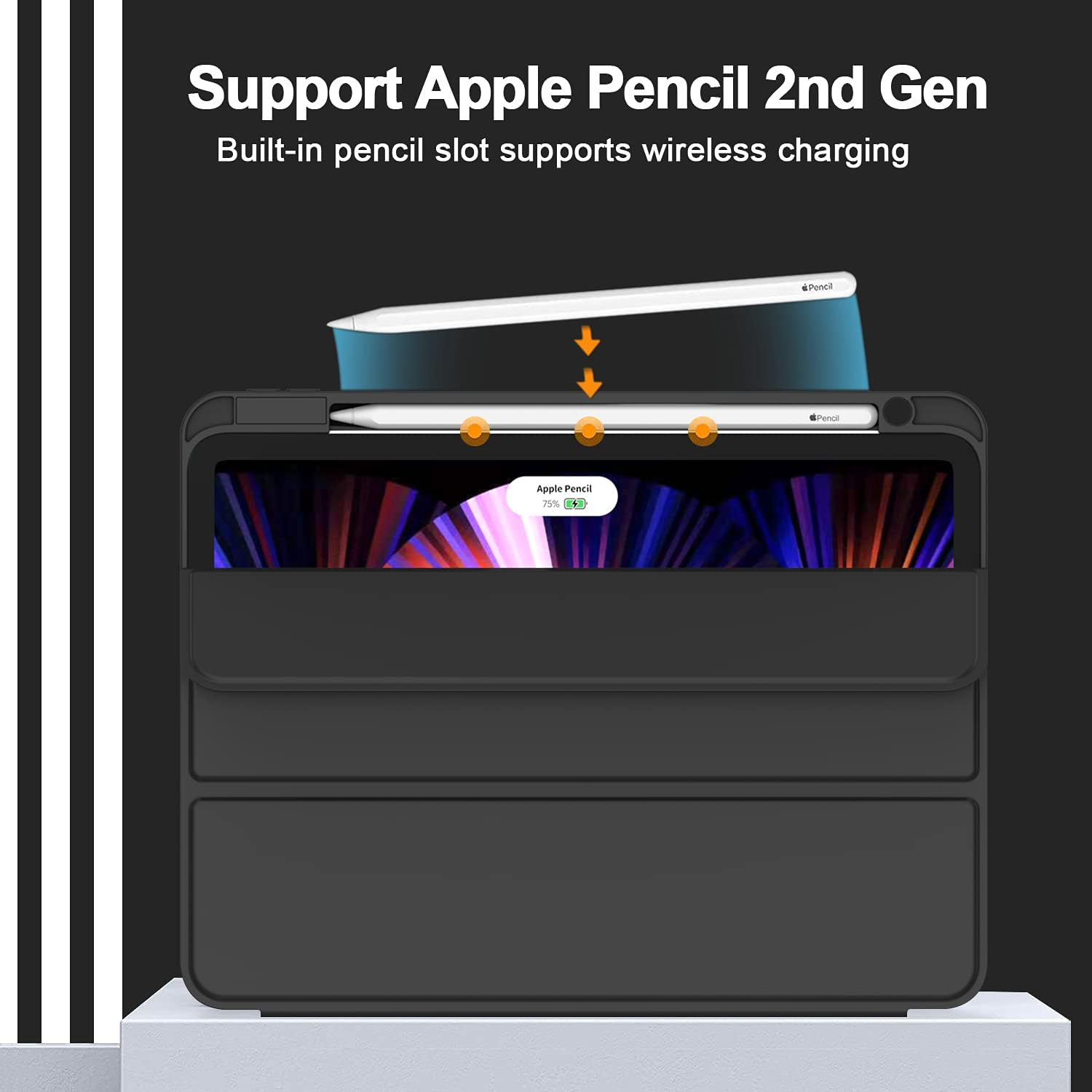 Schwarze iPad-Hülle mit einem Apple Pencil, der an der Seite geladen wird. Zeigt kabelloses Laden.