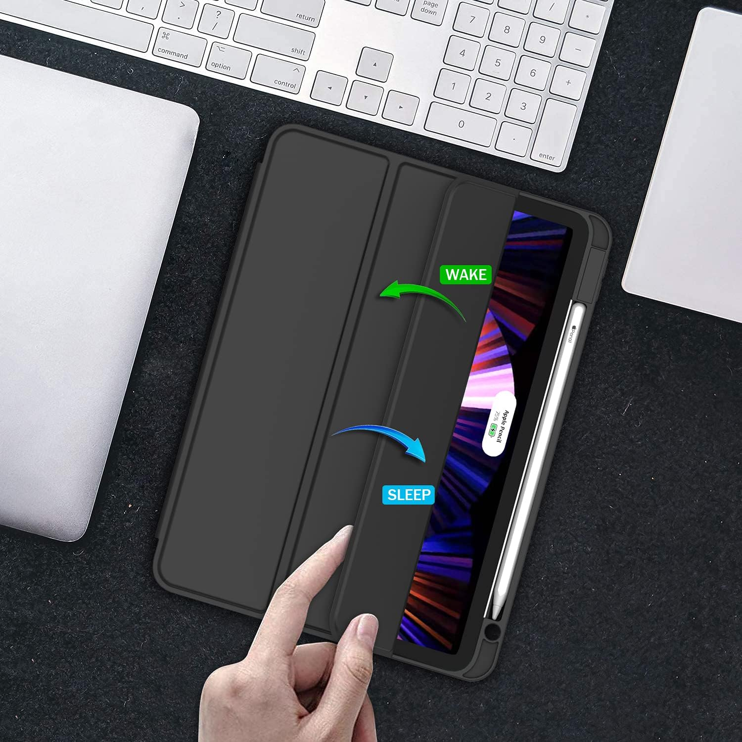 Ein iPad in einer schwarzen Hülle. Pfeile zeigen Schlaf- und Weckfunktionen über die Abdeckung.