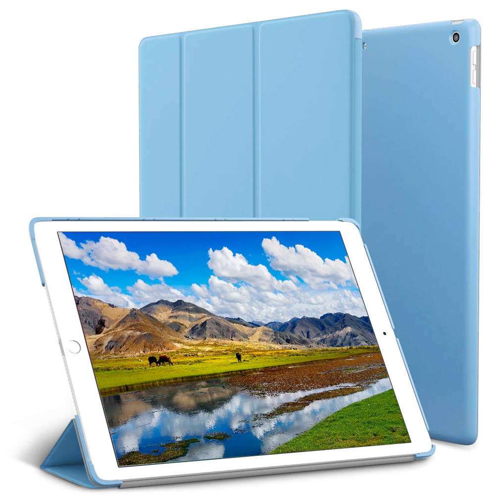 Blaues iPad in einer Hülle mit einer Landschaftsszene auf dem Bildschirm und Bergen im Hintergrund.