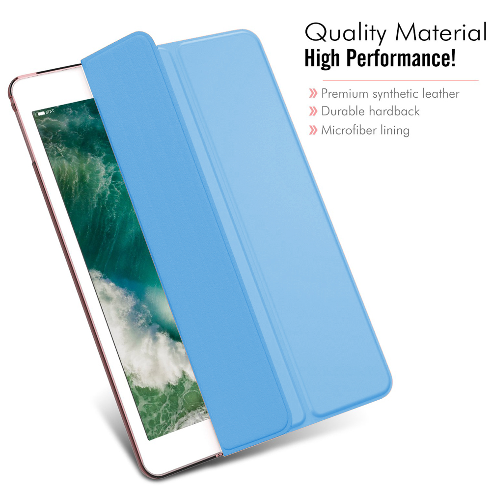 Ein iPad mit blauem Cover ist abgebildet, der Bildschirm ist sichtbar. Text sagt Qualitätsmaterial, hohe Leistung.