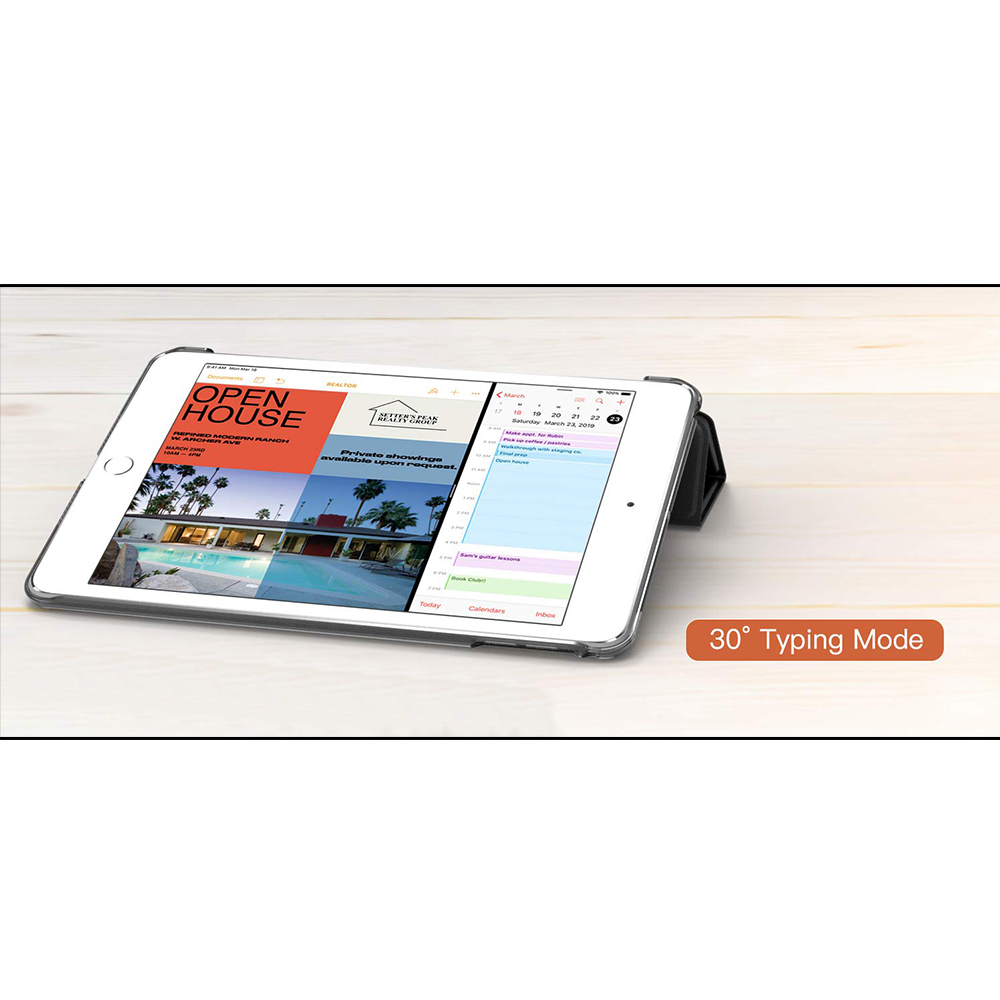 Ein Tablet zeigt ein Open-House-Listing mit geöffneter Kalender-App an. Der Text sagt 30° Tippmodus.