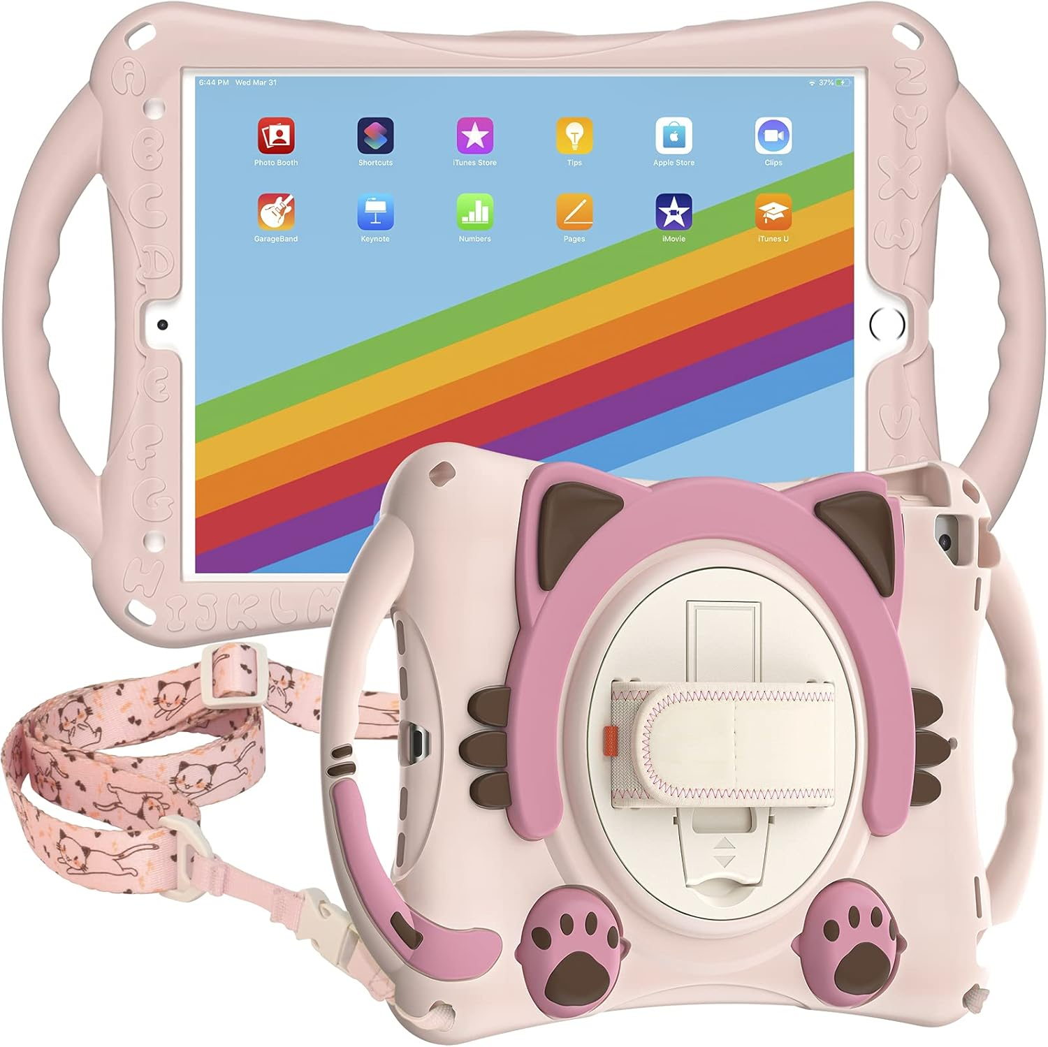 Eine rosa Tablet-Hülle mit Katzenohren und -pfoten, die einen Regenbogenbildschirm zeigt.