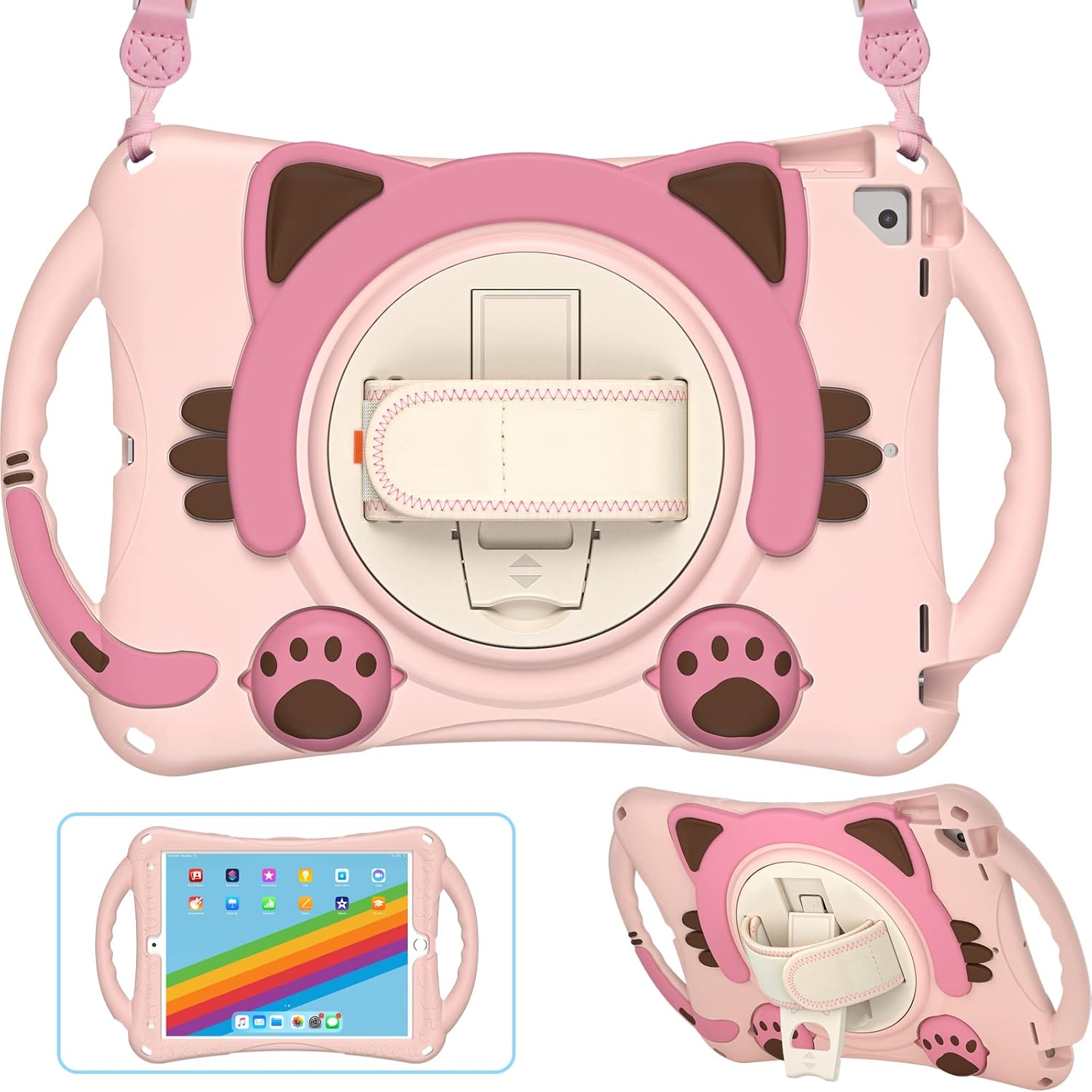 Rosa Tablethülle mit Katzenohren, Pfotenabdrücken und Griff. Enthält einen Riemen und ein Tablet mit Regenbogenbildschirm.