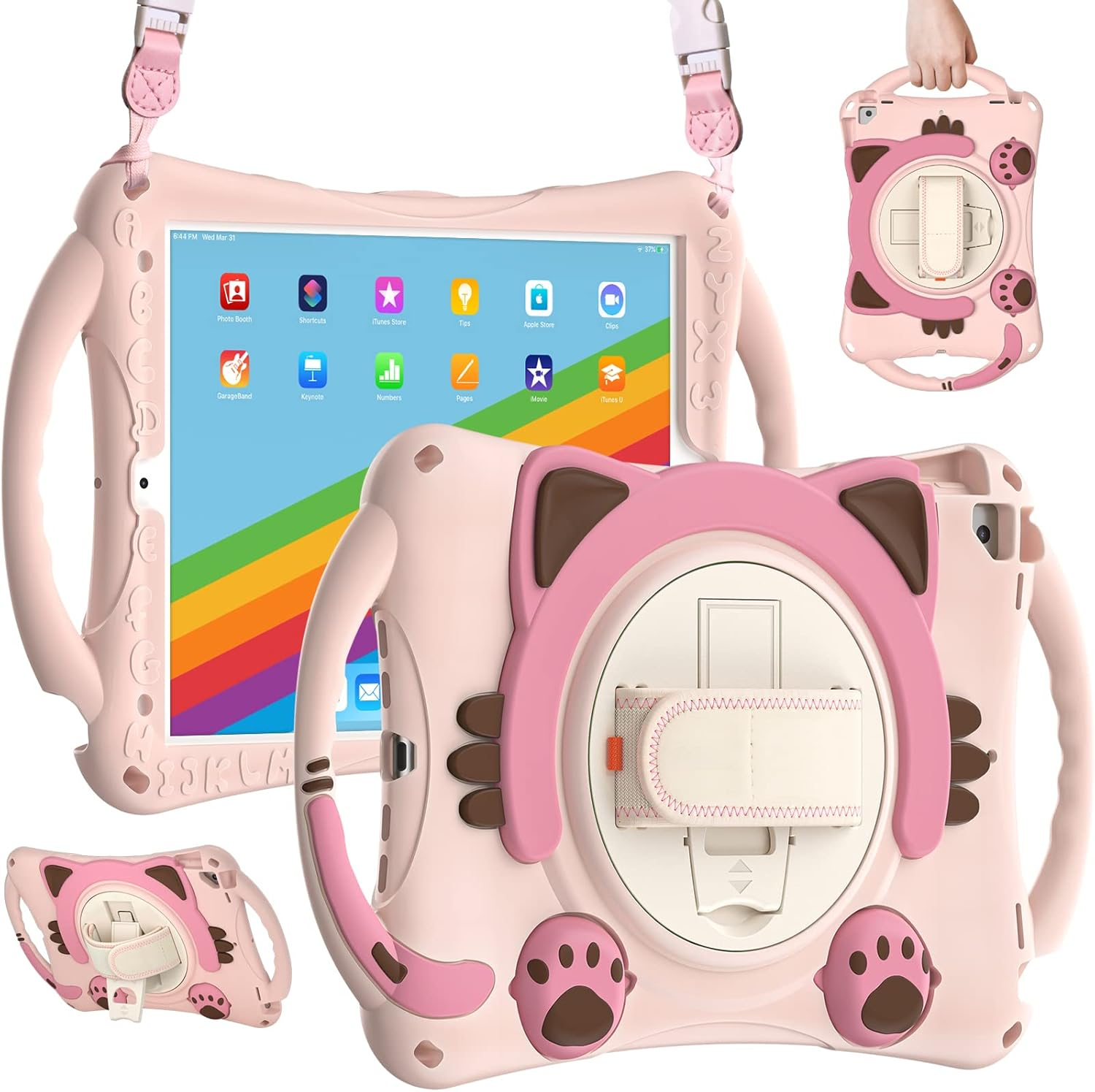 Rosa Tablethülle mit Katzenohren, Pfotenabdrücken, Griffen und Riemen. Mehrere Ansichten der Hülle und eines Tablets mit Regenbogen.