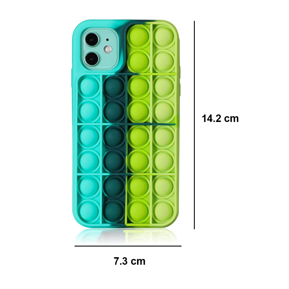 Eine Handyhülle mit Push-Pop-Design in Grün und Türkis. Maße von 14,2 cm x 7,3 cm sind angegeben.