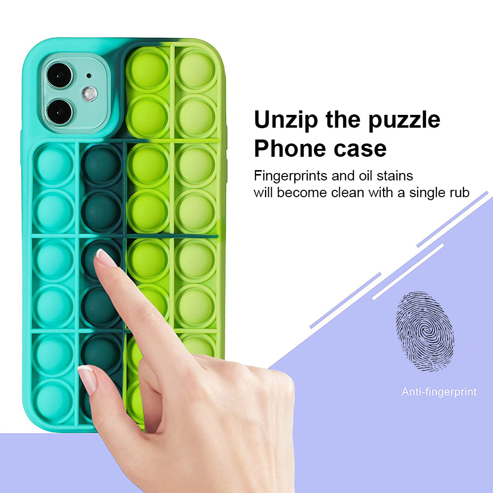 Eine Handyhülle mit Push-Pop-Design wird gezeigt. Ein Finger drückt auf eine Blase. Der Text sagt, dass sie Anti-Fingerprint ist.