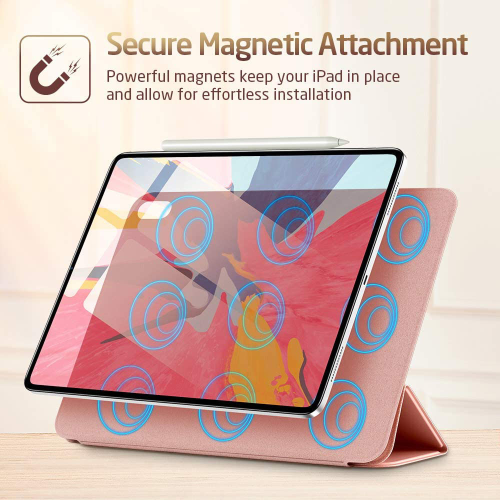 Ein Tablet mit einer rosa Hülle. Der Bildschirm zeigt ein farbenfrohes abstraktes Design. Um das Tablet herum befinden sich blaue Kreise.