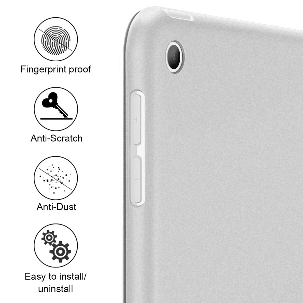 Eine Nahaufnahme einer weißen Tablet-Hülle mit Symbolen, die auf Fingerabdruckschutz, Kratzschutz und Staubschutz hinweisen.