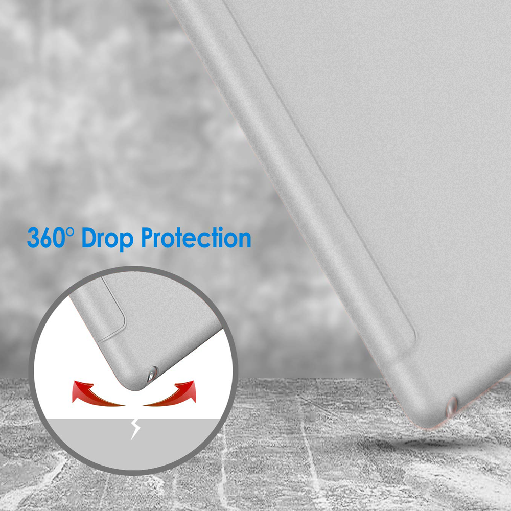 Weiße Tablet-Hülle mit 360-Grad-Fallschutz und Illustration zur Stoßabsorption.