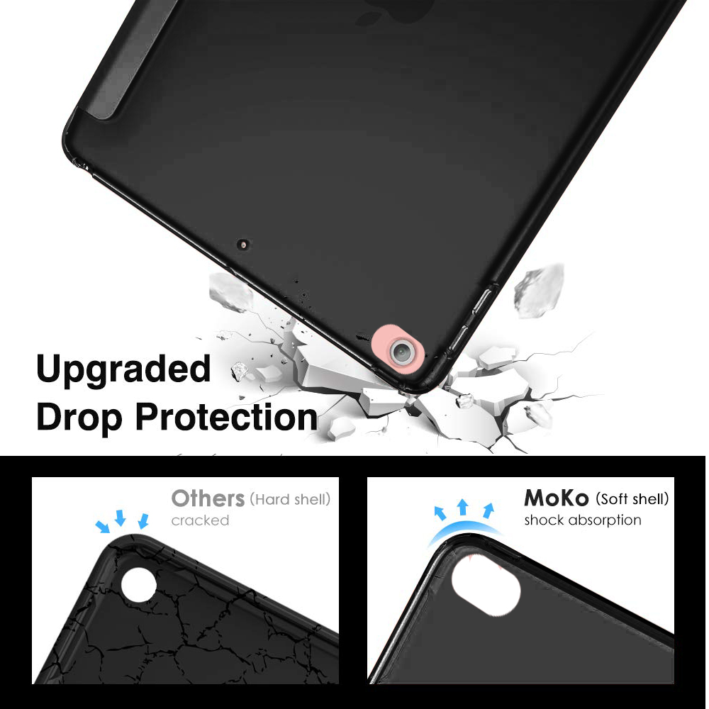 Das Bild zeigt ein schwarzes Tablet mit dem Text „Upgraded Drop Protection“ auf zerbrochenen weißen Teilen.