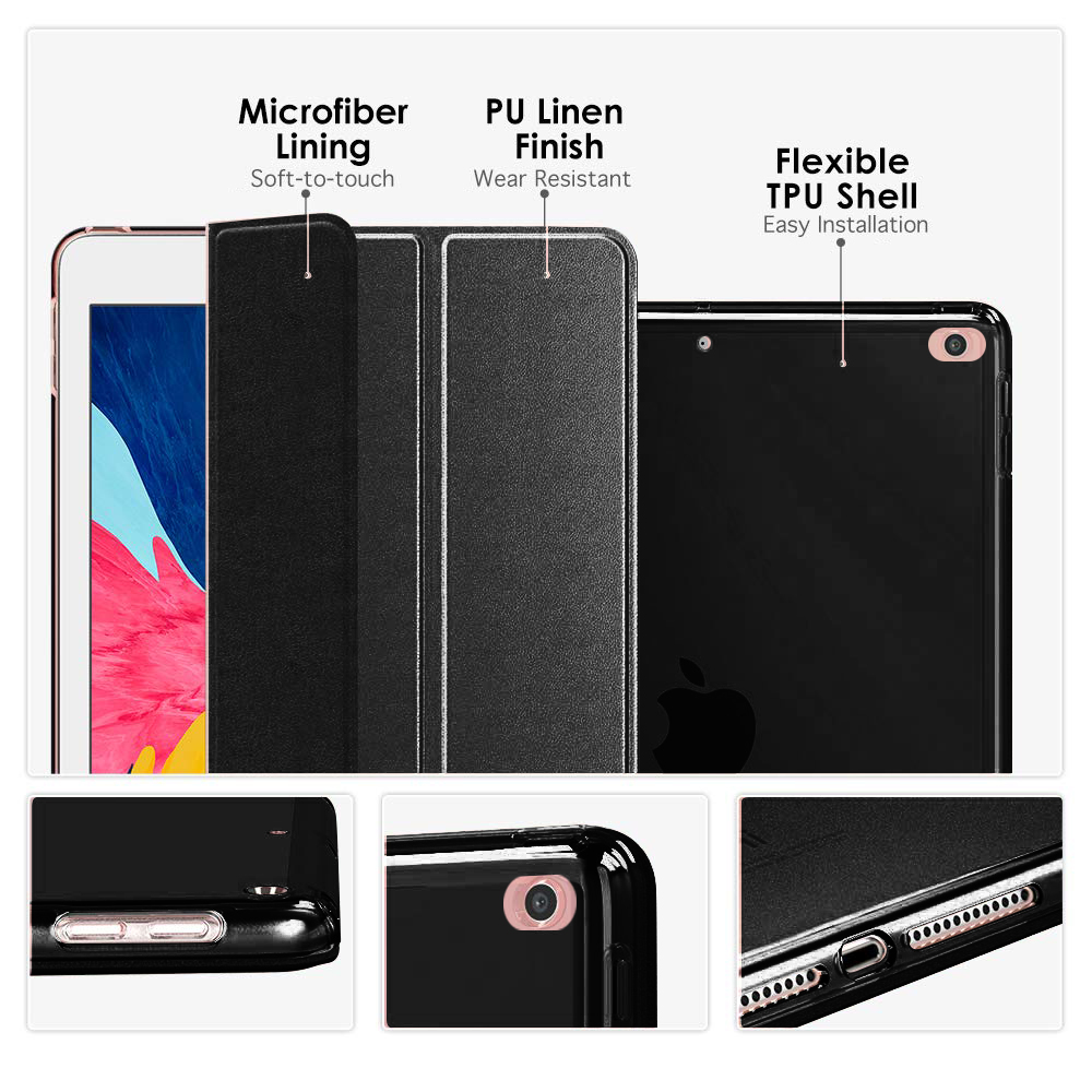Das Bild zeigt eine Tablet-Hülle, die ihr Mikrofaserfutter, die PU-Leinenoberfläche und die flexible TPU-Hülle hervorhebt.
