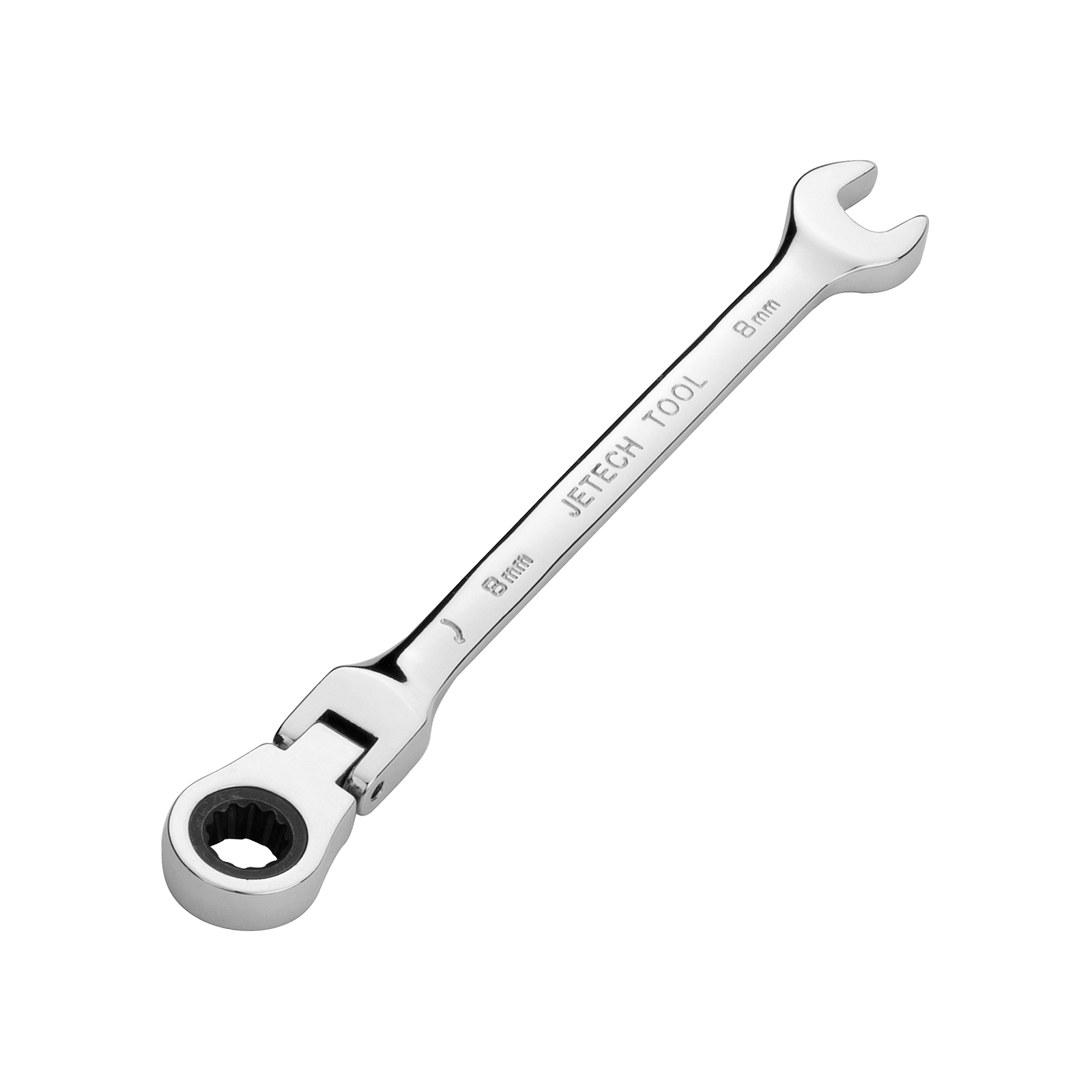 Una chiave inglese argentata con un'estremità girevole, etichettata 'Jetech Tool' e '8 mm', isolata su bianco.