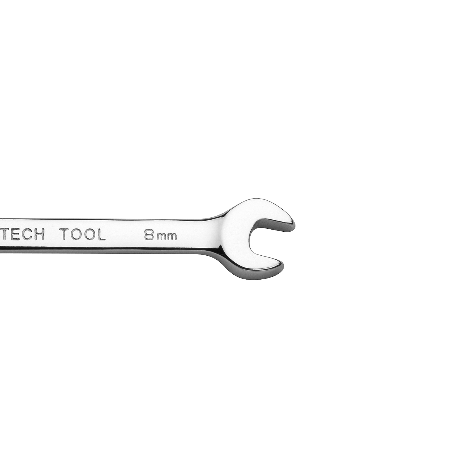 Una chiave inglese cromata con la scritta 'TECH TOOL 8mm', su sfondo bianco.
