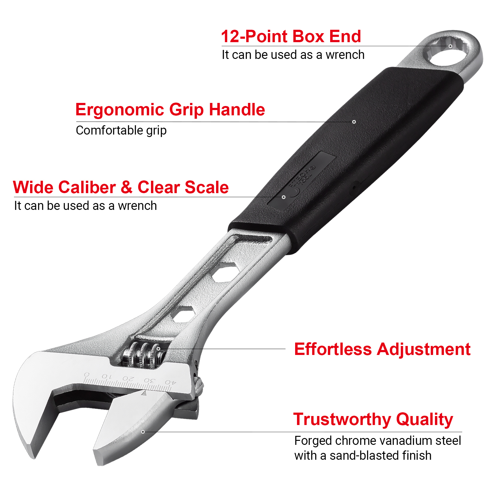Una chiave inglese regolabile con manico nero e il testo 'Ergonomic Grip Handle' e 'Wide Caliber & Clear Scale'.