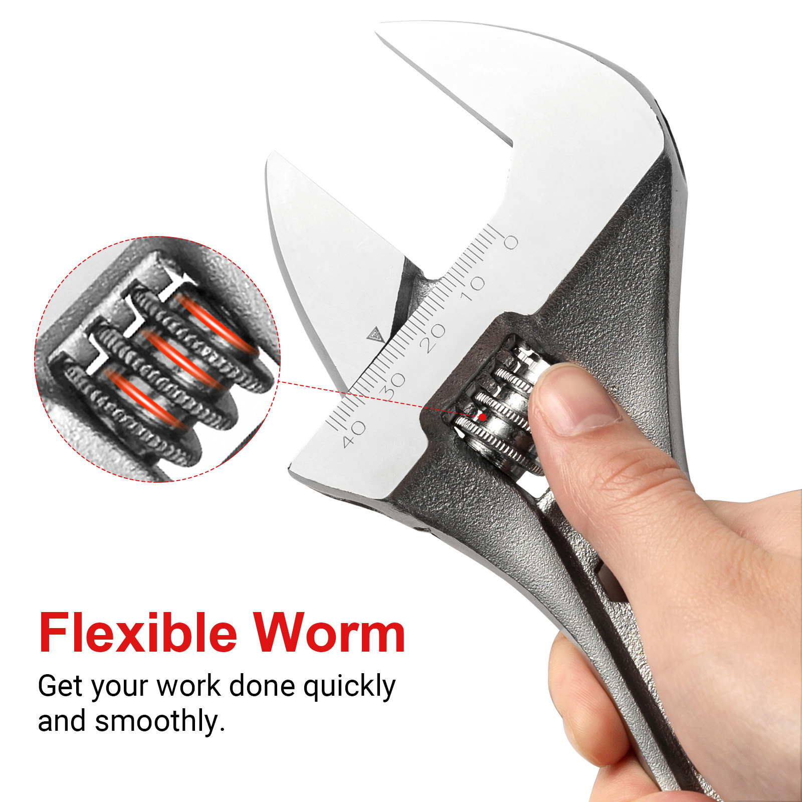 Una chiave inglese regolabile con il testo 'Flexible Worm' e un primo piano della ruota.