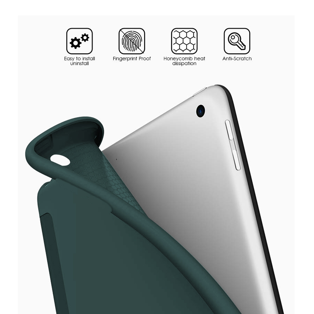 Das Bild zeigt ein Tablet, das teilweise von einer dunkelgrünen Hülle bedeckt ist, und hebt Funktionen wie den Fingerabdruckschutz hervor.
