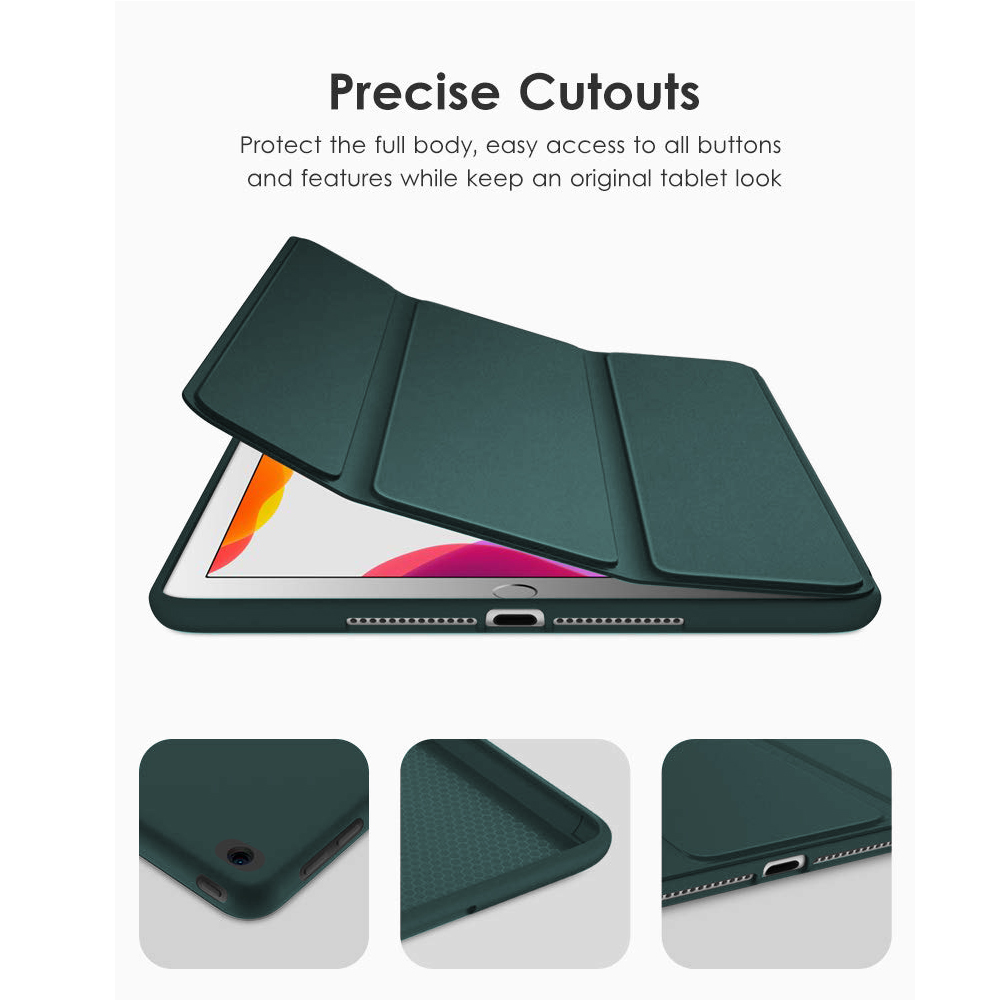 Das Bild zeigt ein Tablet mit einer grünen Hülle, das Funktionen wie präzise Ausschnitte und Ganzkörperschutz hervorhebt.