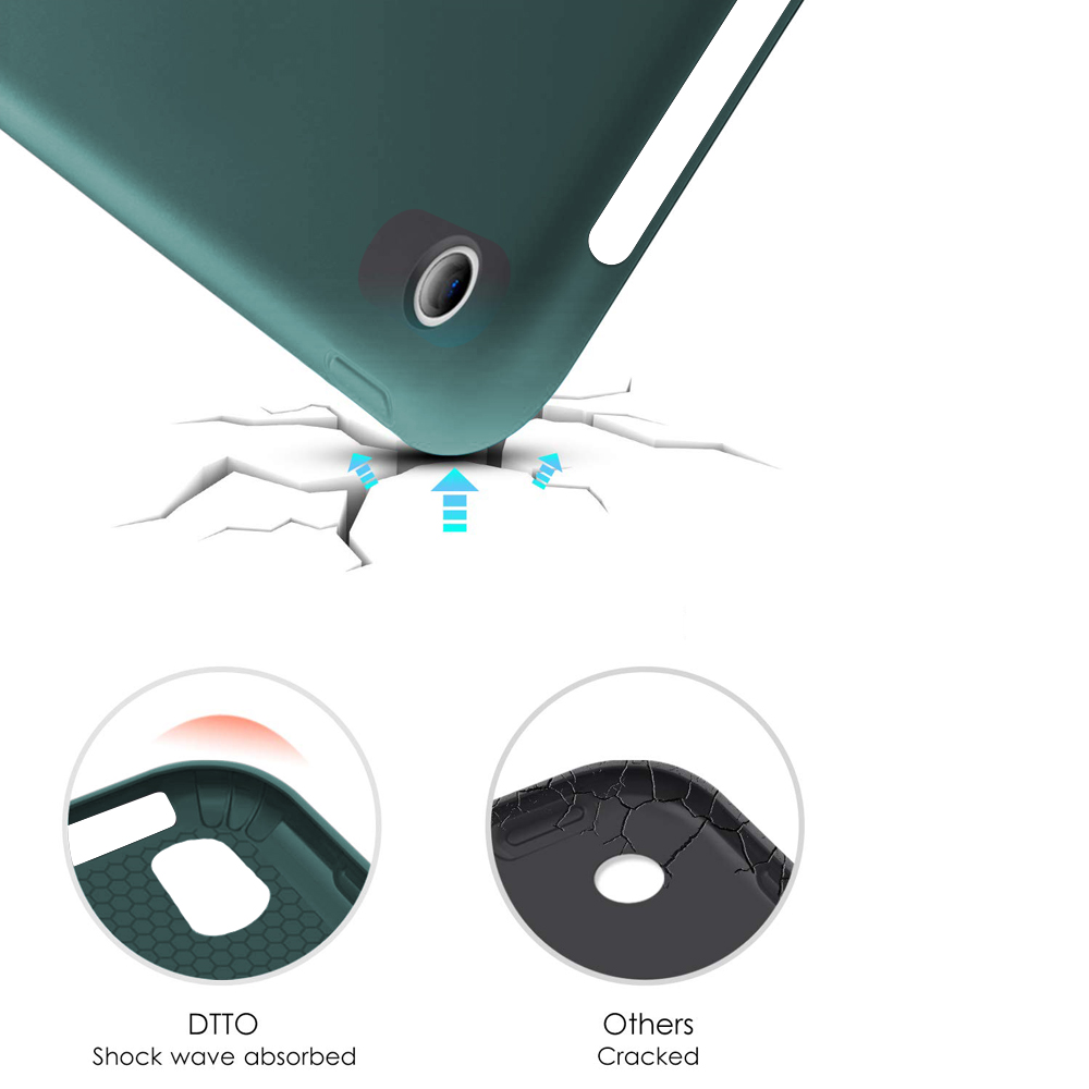 Das Bild zeigt ein Tablet mit einer grünen Hülle, das Funktionen wie Stoßwellenabsorption und Rissbeständigkeit hervorhebt.