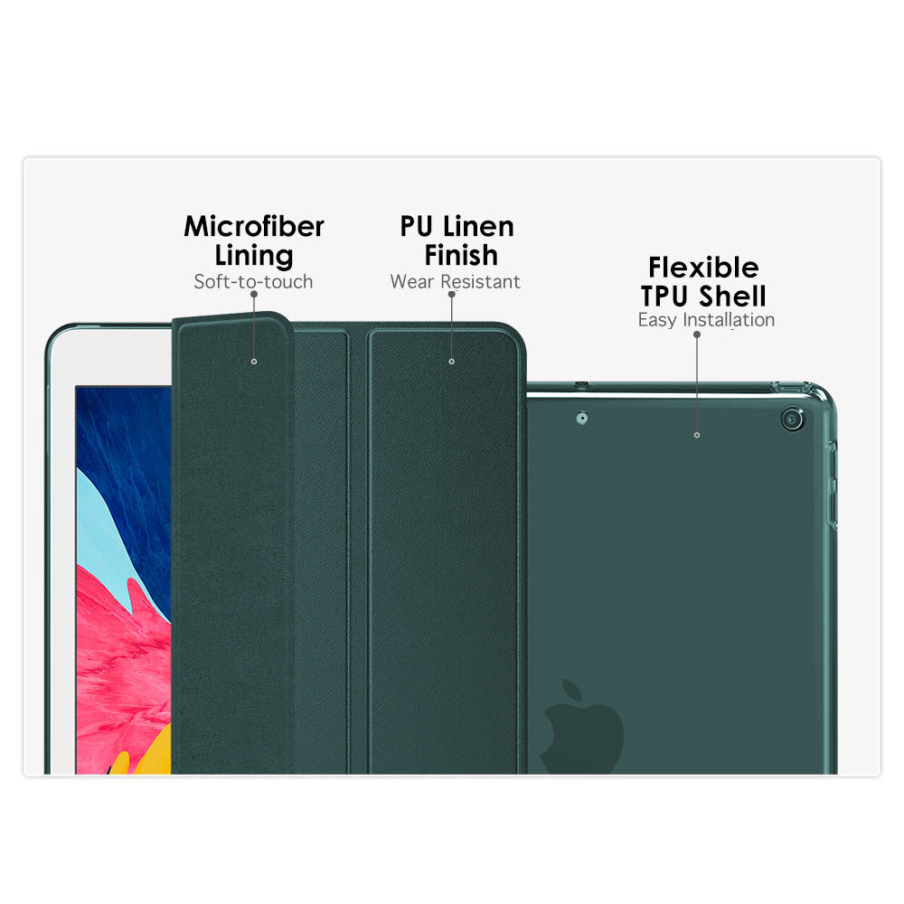 Bild, das die Funktionen einer dunkelgrünen Tablet-Hülle zeigt, einschließlich Mikrofaserfutter und flexibler Hülle.