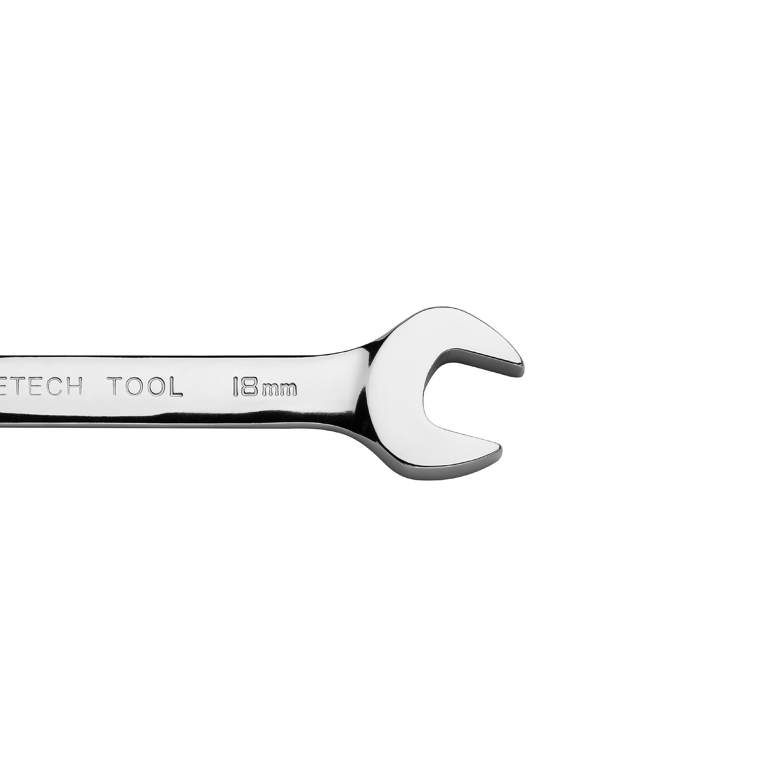 Primo piano dell'estremità aperta di una chiave inglese argentata con l'etichetta "JETECH TOOL 18mm" su sfondo bianco.