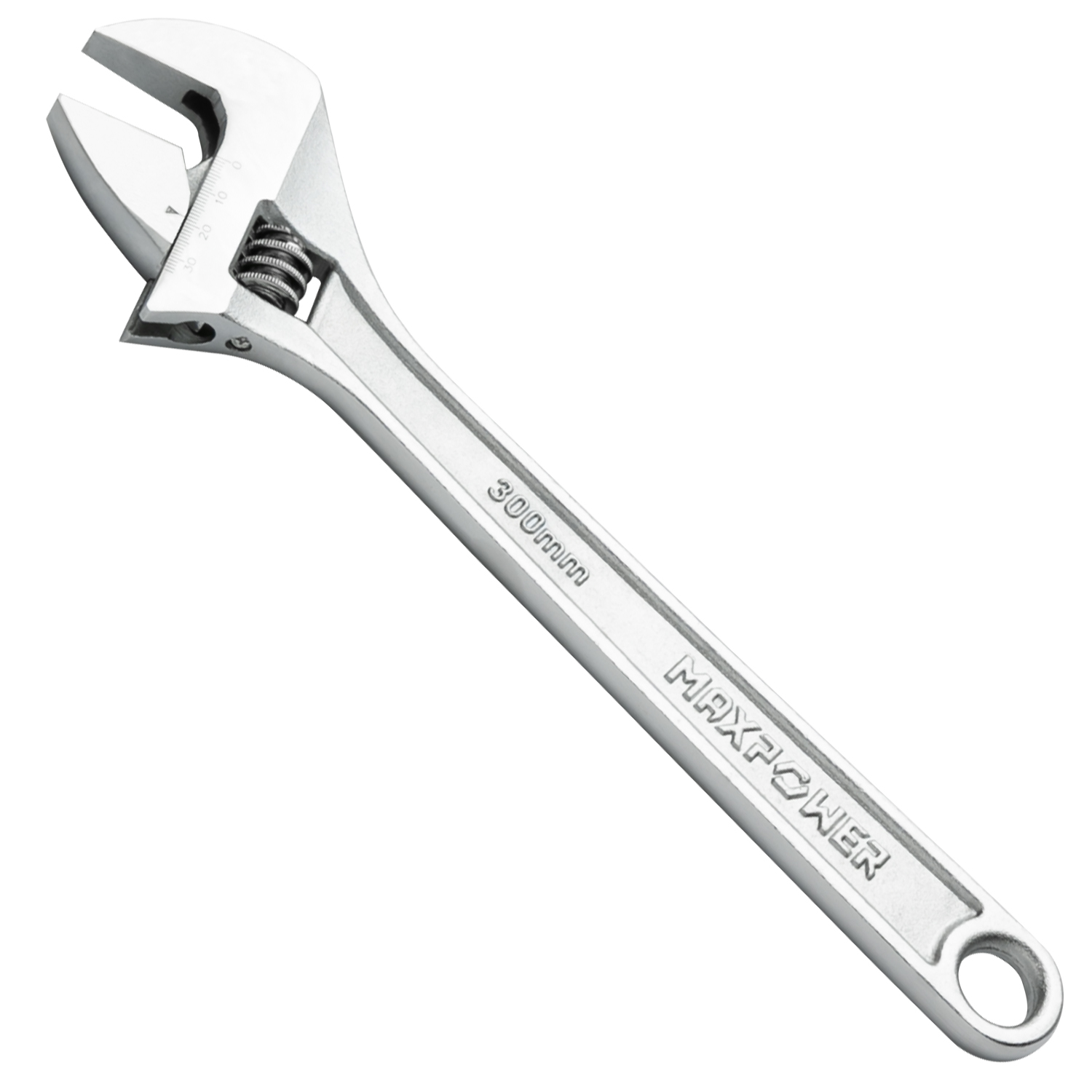 Chiave regolabile argentata con scala, vite senza fine e la parola "MAXPOWER 300mm" su sfondo bianco.