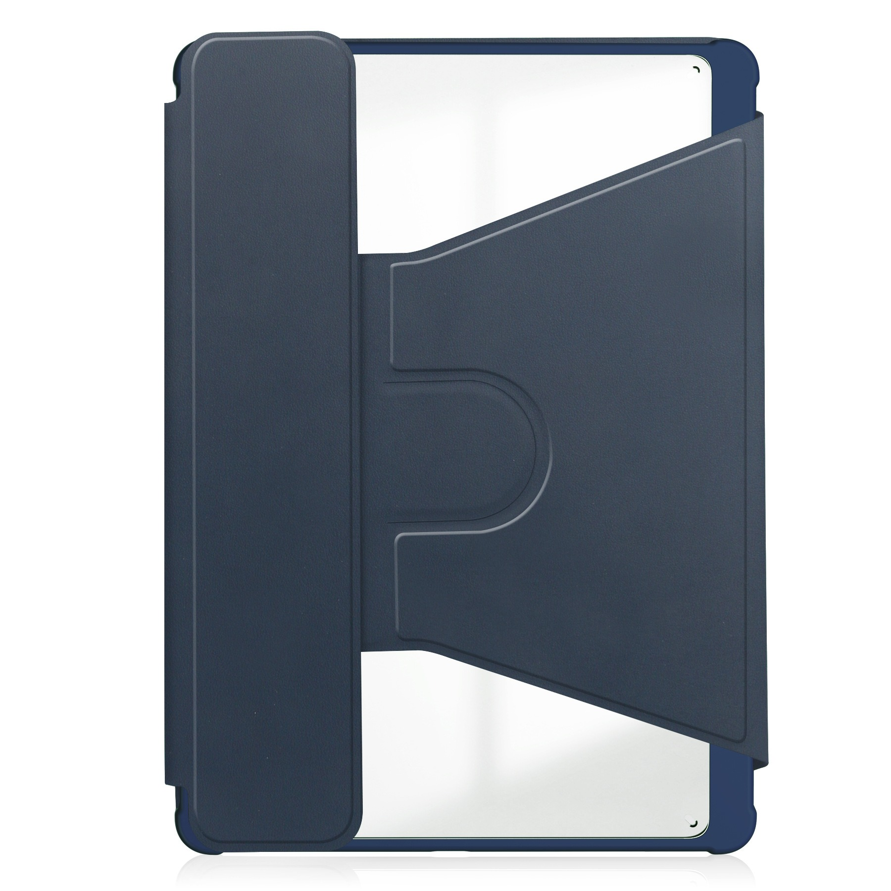 Un iPad in una custodia blu navy è mostrato su uno sfondo bianco.