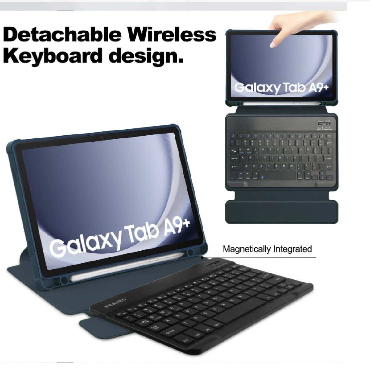 Un tablet con tastiera wireless staccabile, che mostra un design elegante e integrazione magnetica.