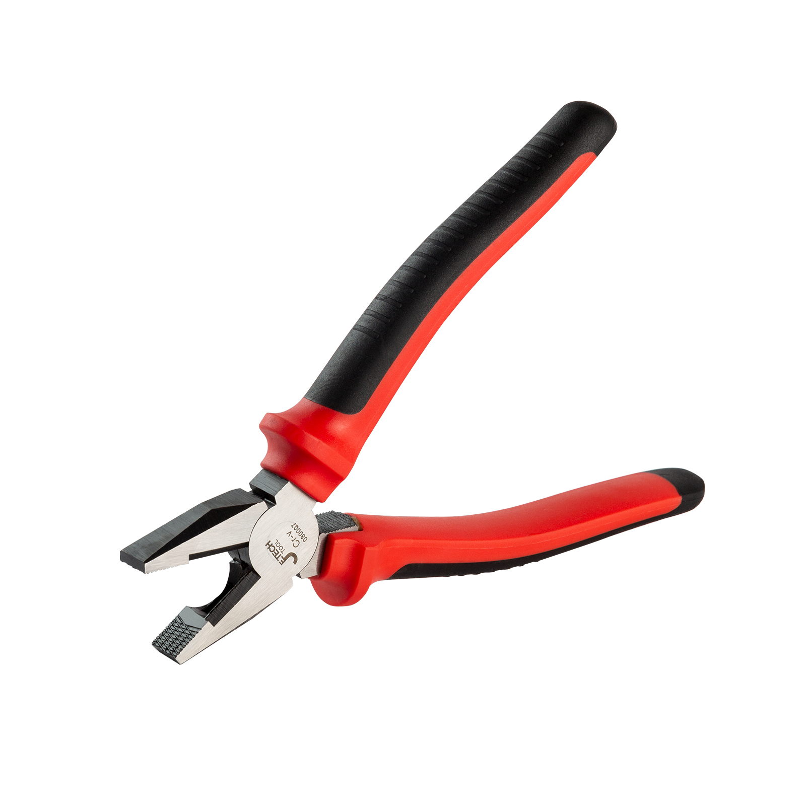 Pinze con impugnatura rossa e nera, angolate su bianco, che mostrano la testa e il design del manico dell'utensile.