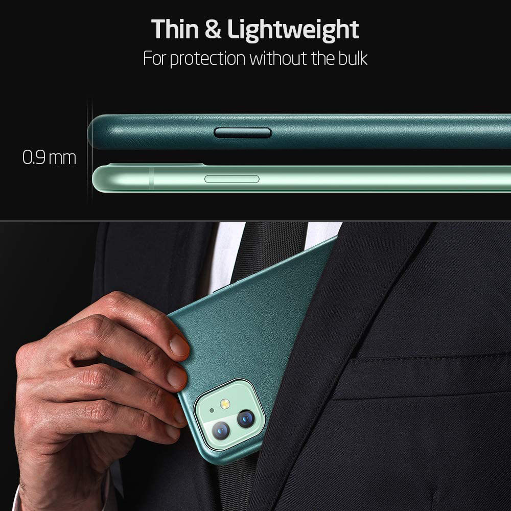 Telefon mit dunkelgrüner Hülle, das in eine Anzugtasche gesteckt wird. Der Text lautet „Dünn und leicht“.
