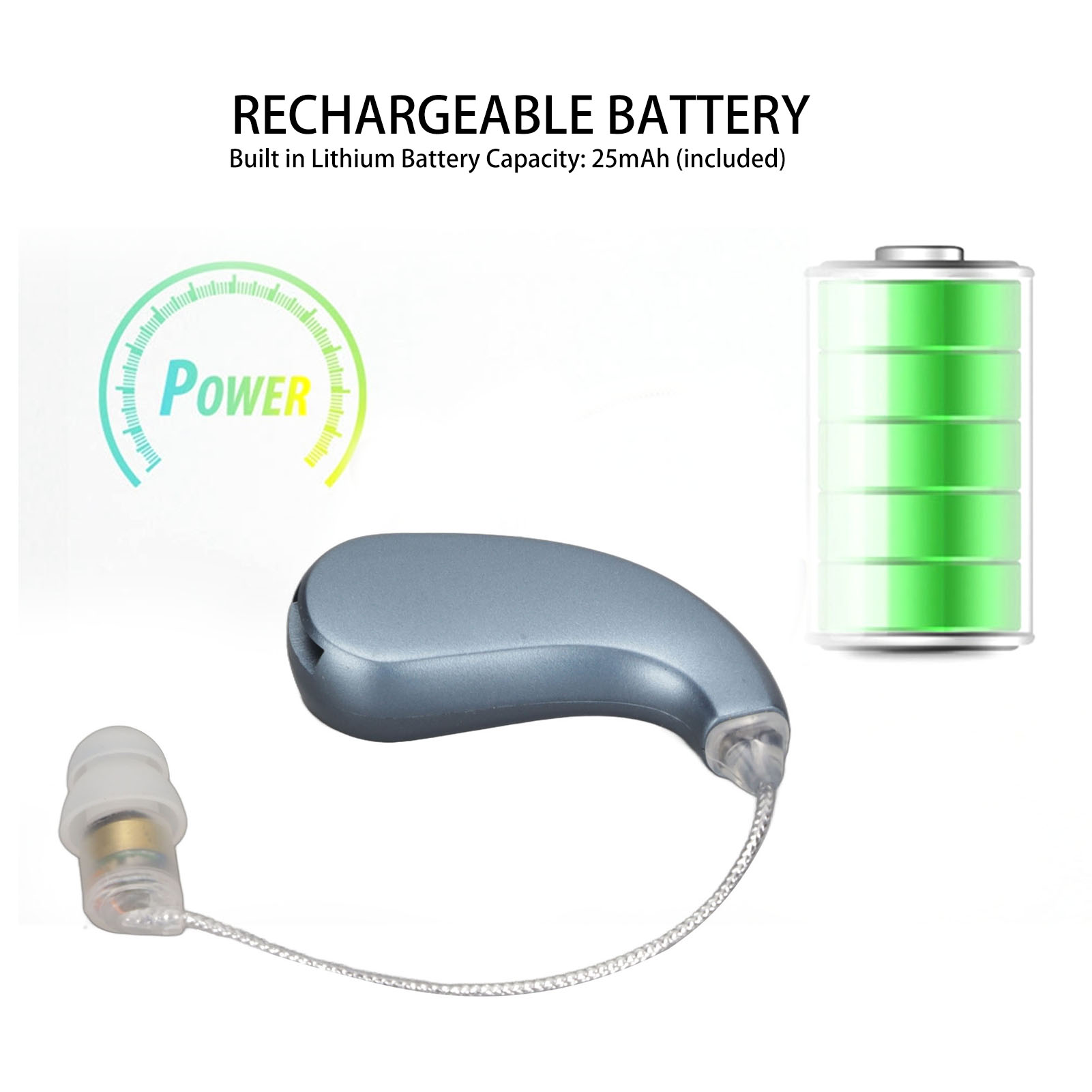Ein graues, wiederaufladbares Hörgerät mit transparentem Ohrstück, neben einem Batteriesymbol und einer Leistungspegelanzeige.