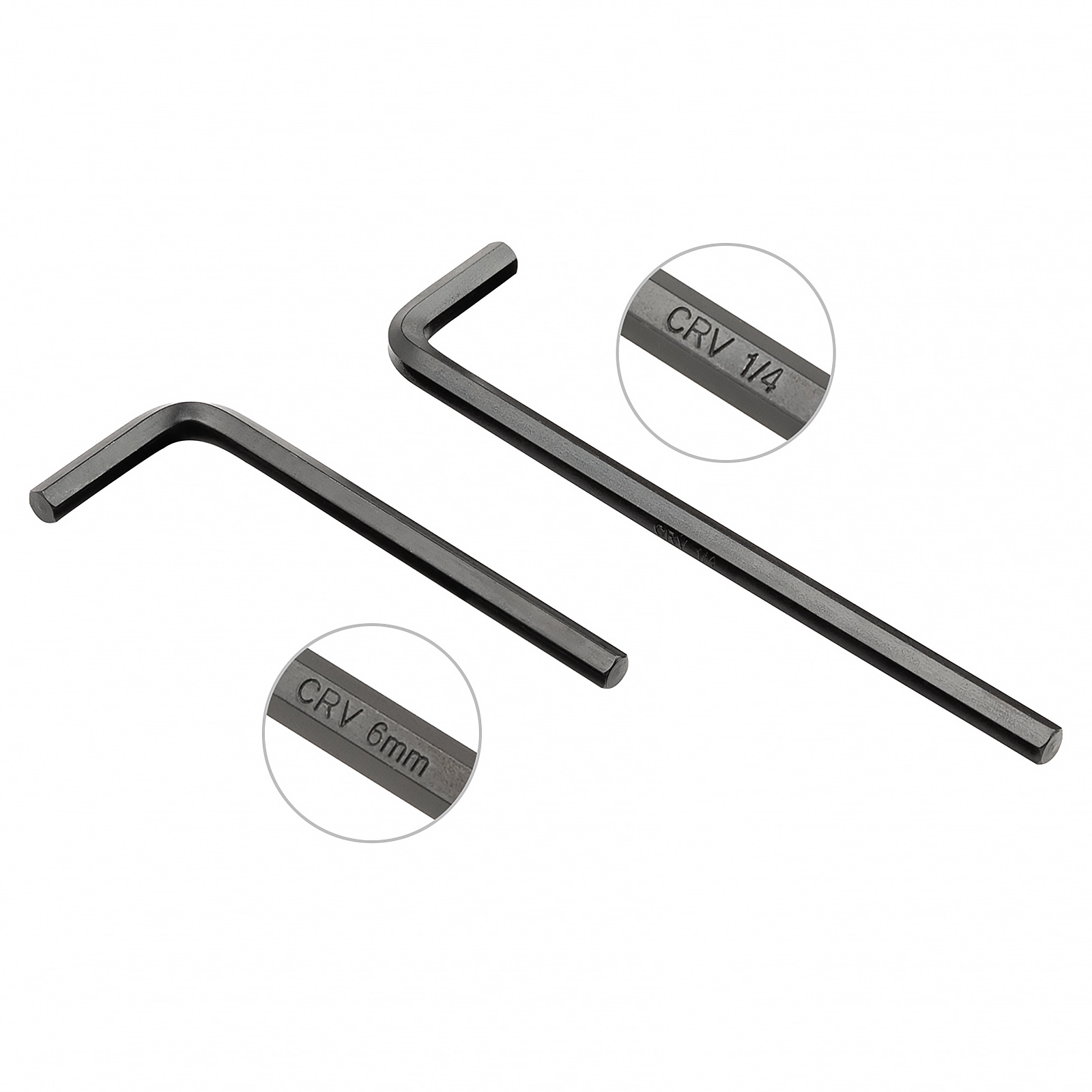 Zwei schwarze Inbusschlüssel sind abgebildet, wobei die Größenangaben für CRV 1/4 und CRV 6mm hervorgehoben sind.