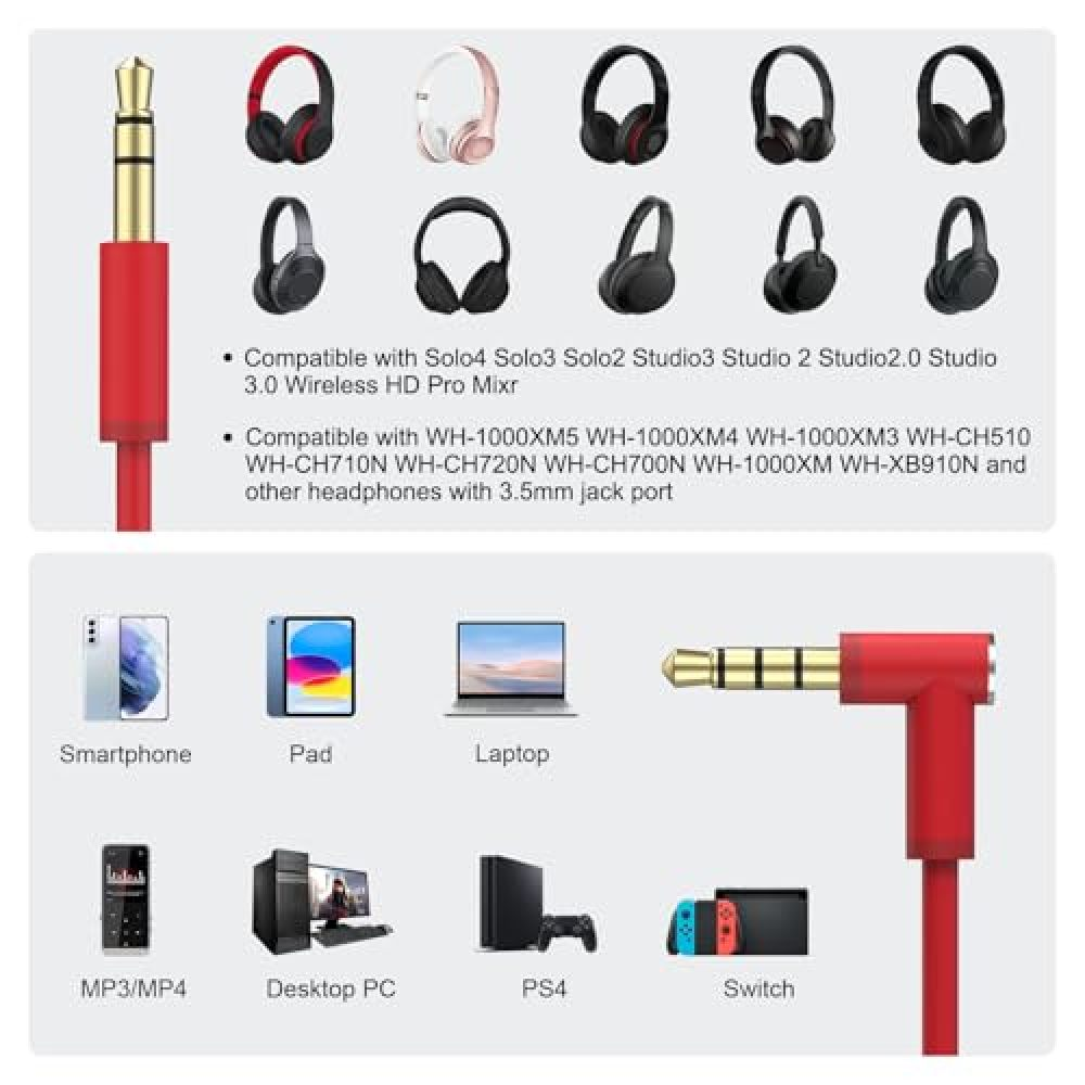 Bild mit Details zur Kopfhörerkompatibilität mit einem roten Audiokabel und verschiedenen Geräten.