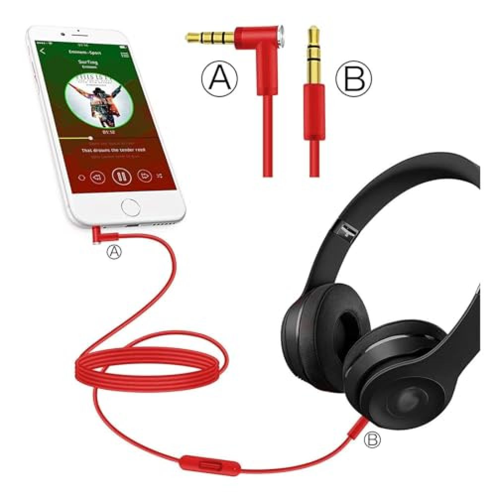 Ein rotes Audiokabel, das ein Smartphone mit schwarzen Kopfhörern verbindet. Weißer Hintergrund.