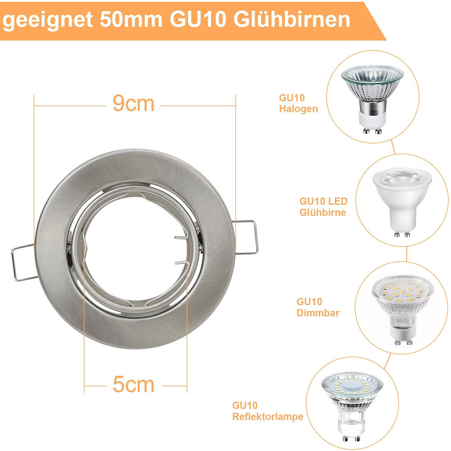 Diagramma che mostra le dimensioni e i tipi di lampadine GU10 con un apparecchio di illuminazione argentato.