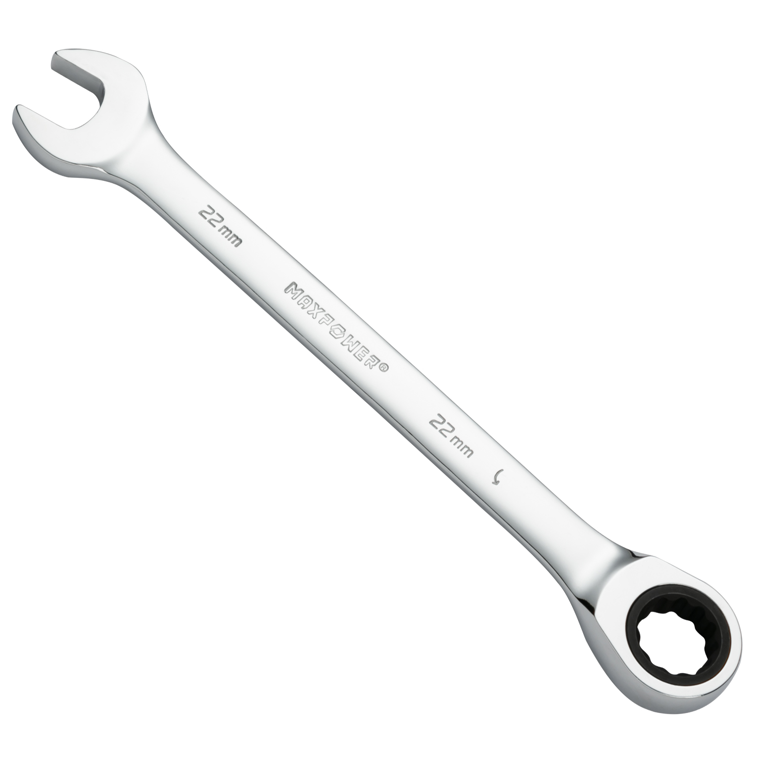Una chiave inglese argentata lucida da 22 mm con estremità aperte e a cricchetto, su uno sfondo bianco.