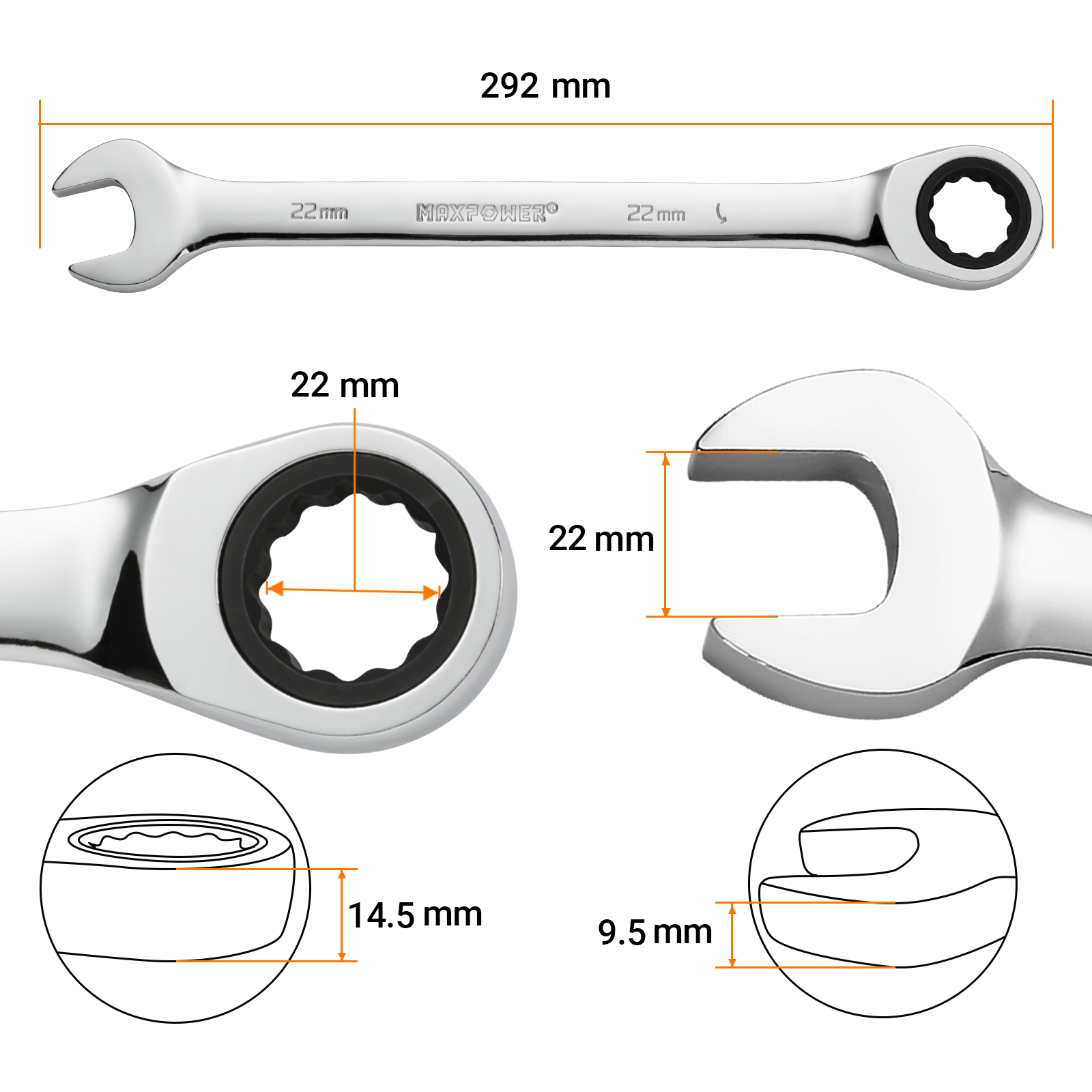 Schema tecnico di una chiave inglese da 22 mm, che mostra le dimensioni e i dettagli costruttivi su uno sfondo bianco.