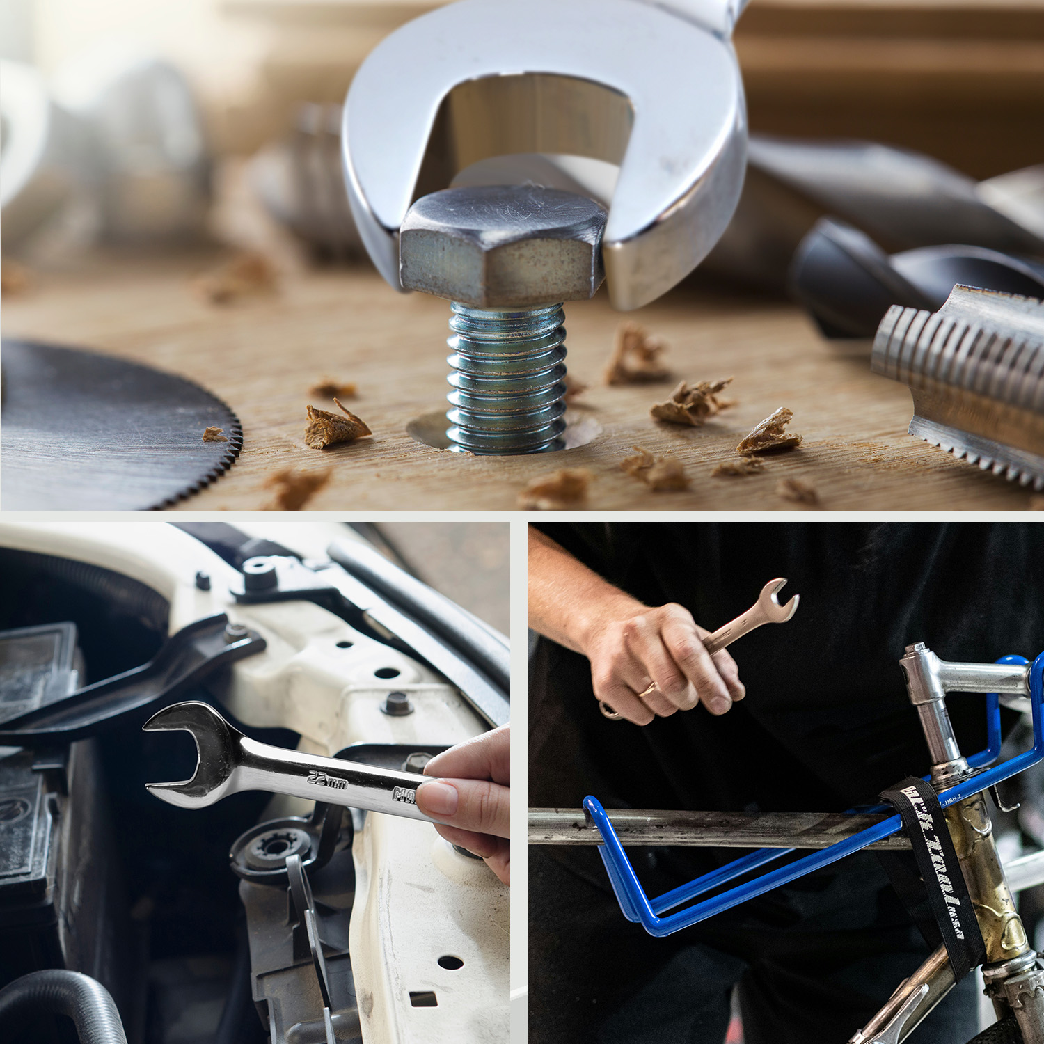 Collage degli usi della chiave inglese: serraggio di un bullone, lavori sul motore dell'auto e riparazione di biciclette, che mostrano versatilità.