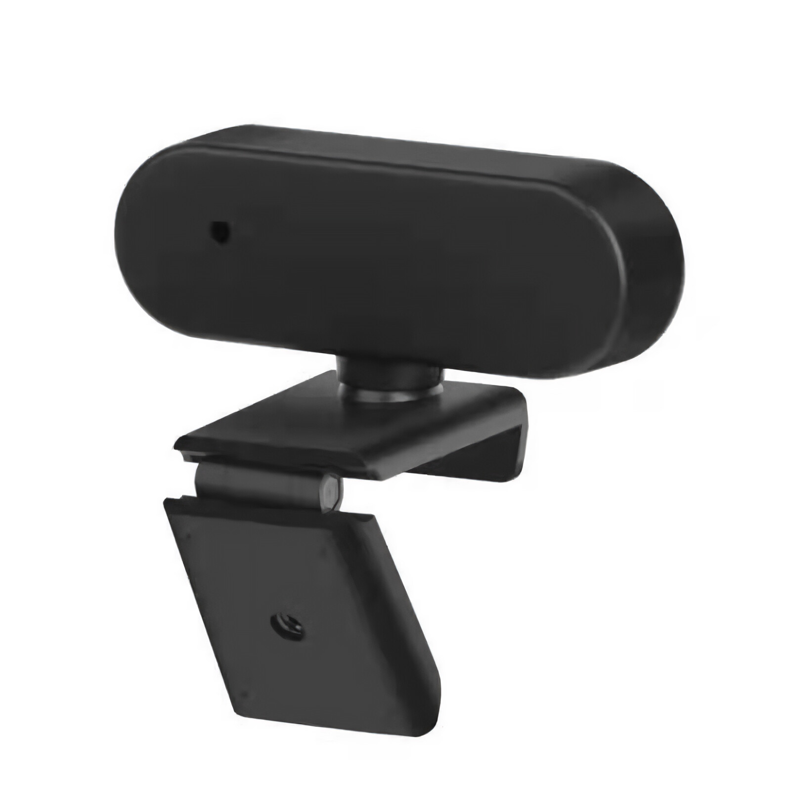 Eine schwarze Webcam mit einem Clip zur Befestigung an einem Computerbildschirm, abgewinkelt auf einem weißen Hintergrund.