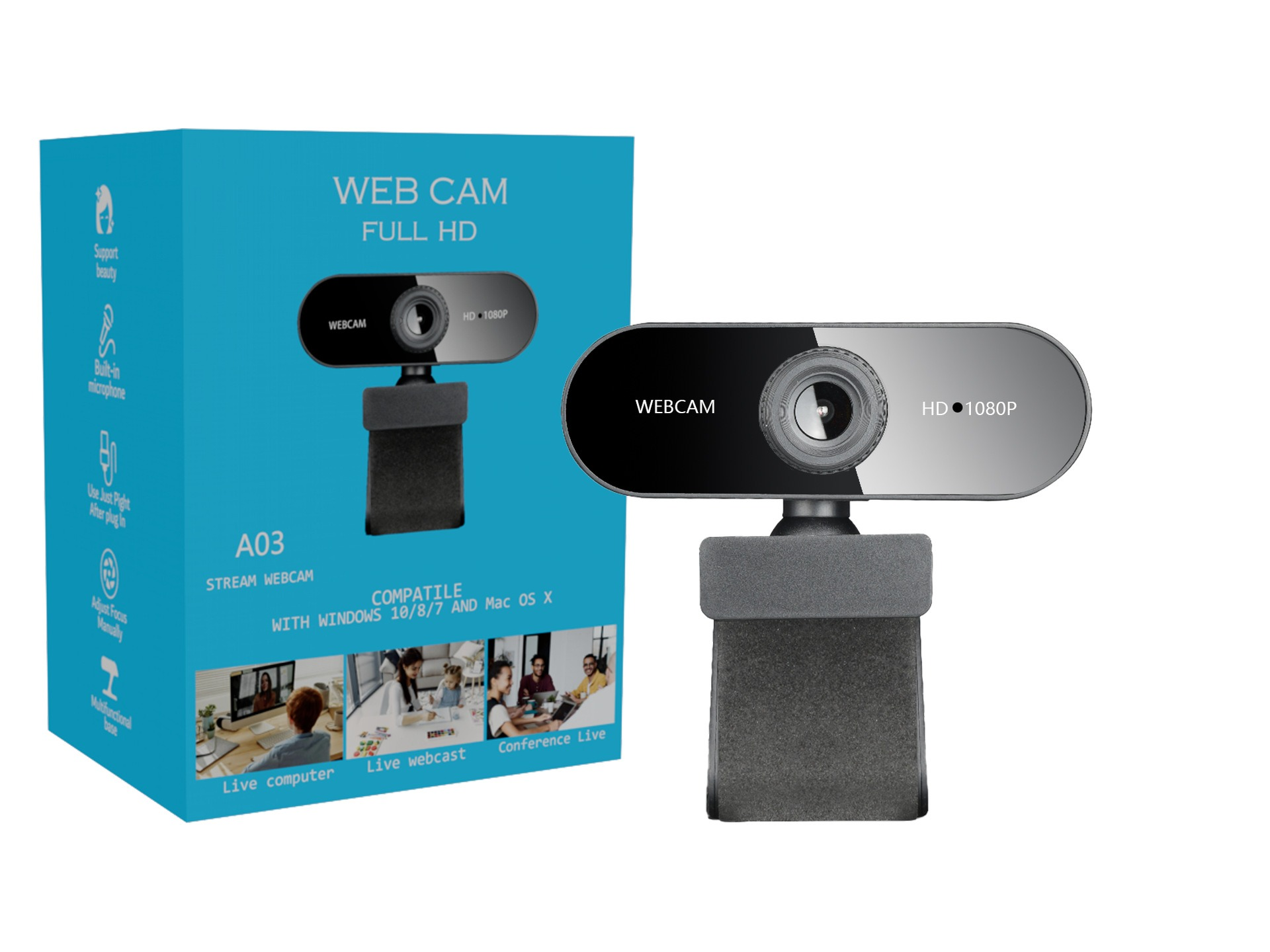 Eine Webcam und ihre Verpackung, wobei sich die Webcam vor der Verpackung befindet. Auf der Verpackung steht Text über die Funktionen der Webcam.