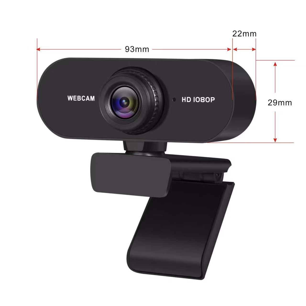 Eine schwarze Webcam mit in Millimetern beschrifteten Abmessungen, isoliert auf einem weißen Hintergrund.