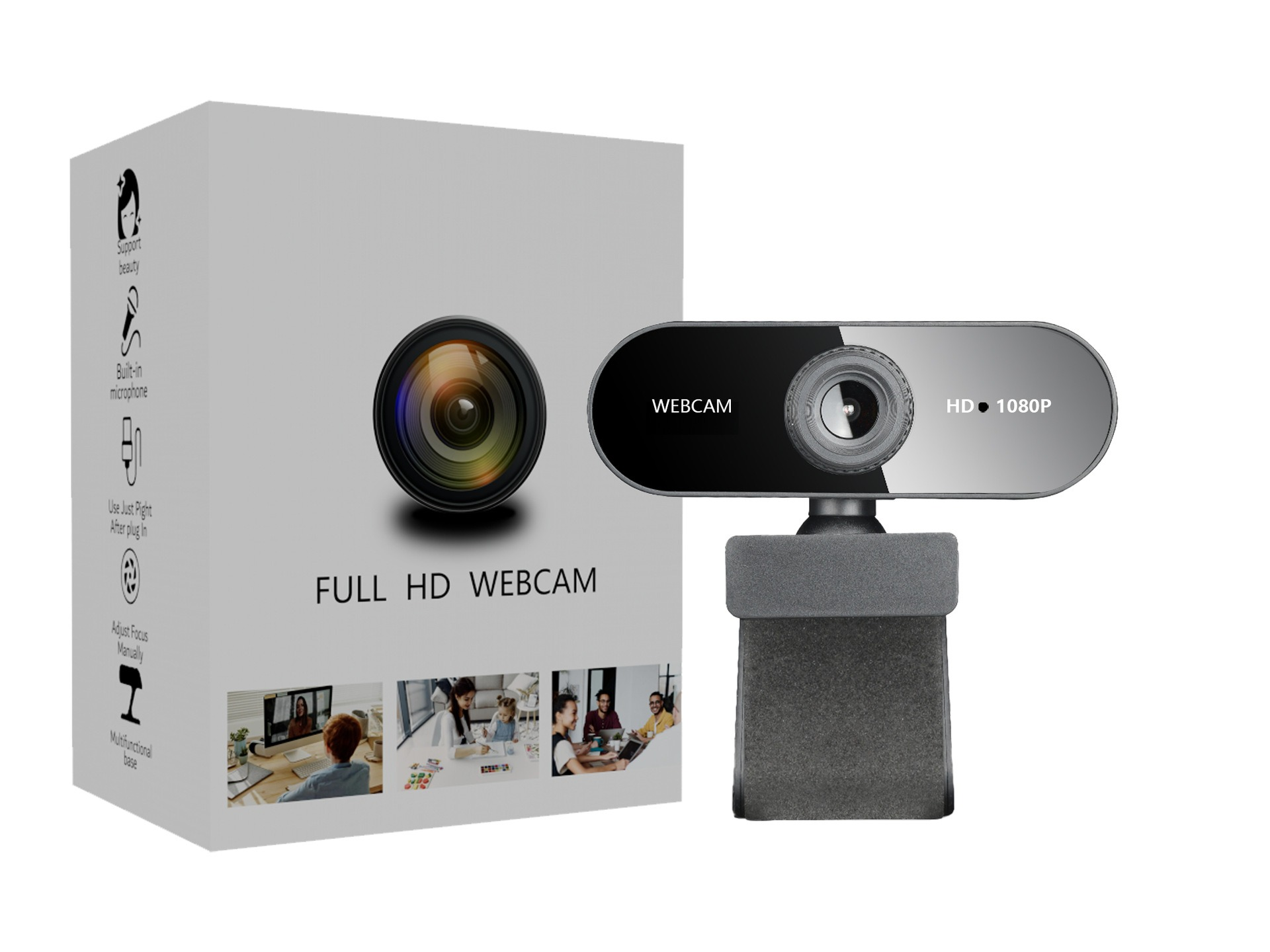 Full HD Webcam mit einer Box. Die Box hat Text und Symbole. Die Webcam ist schwarz und grau.