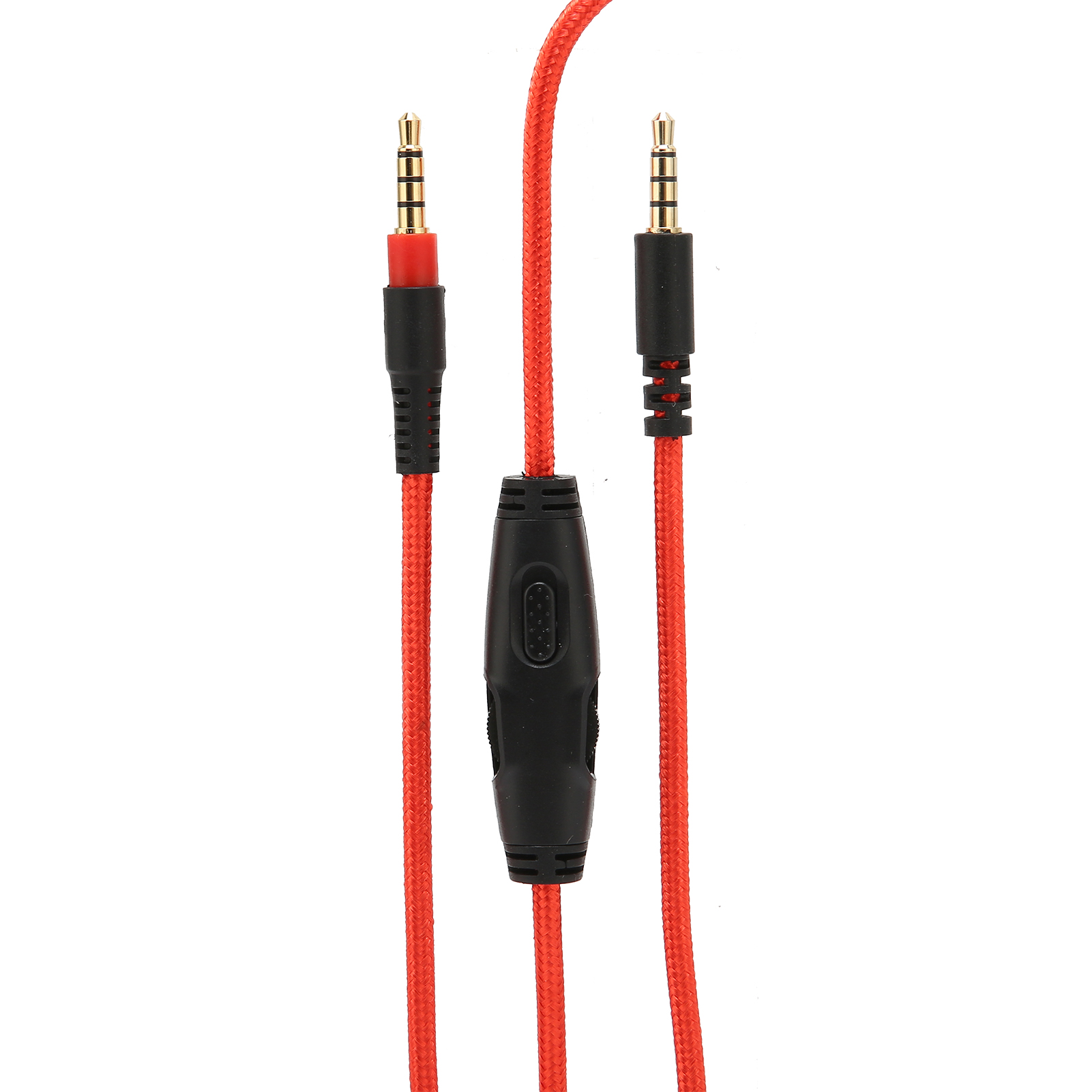 Ein rotes Audiokabel mit schwarzen Steckern und einem Steuermodul auf weißem Hintergrund.