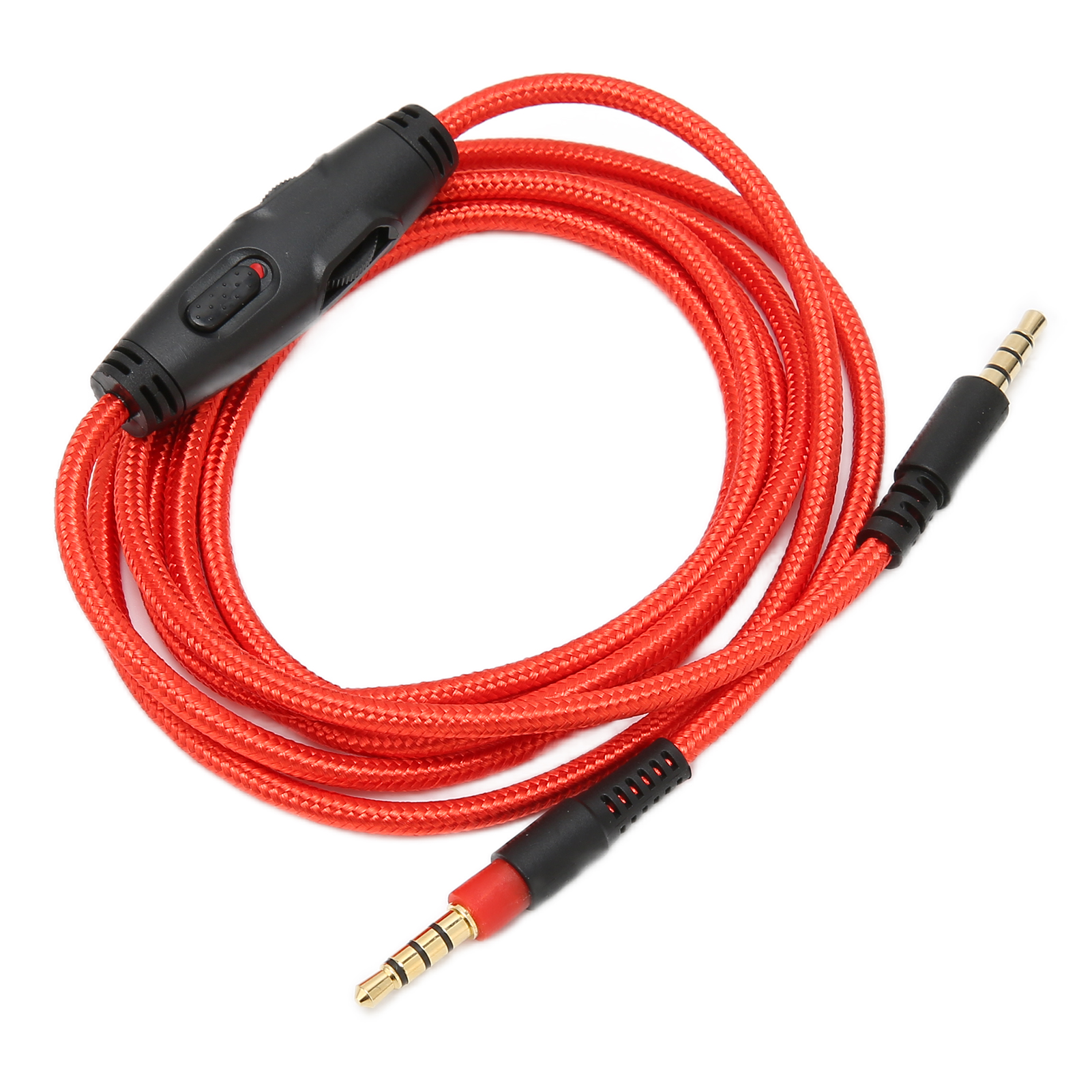 Ein rotes Audiokabel mit schwarzen Steckern und einem Steuermodul auf weißem Hintergrund.