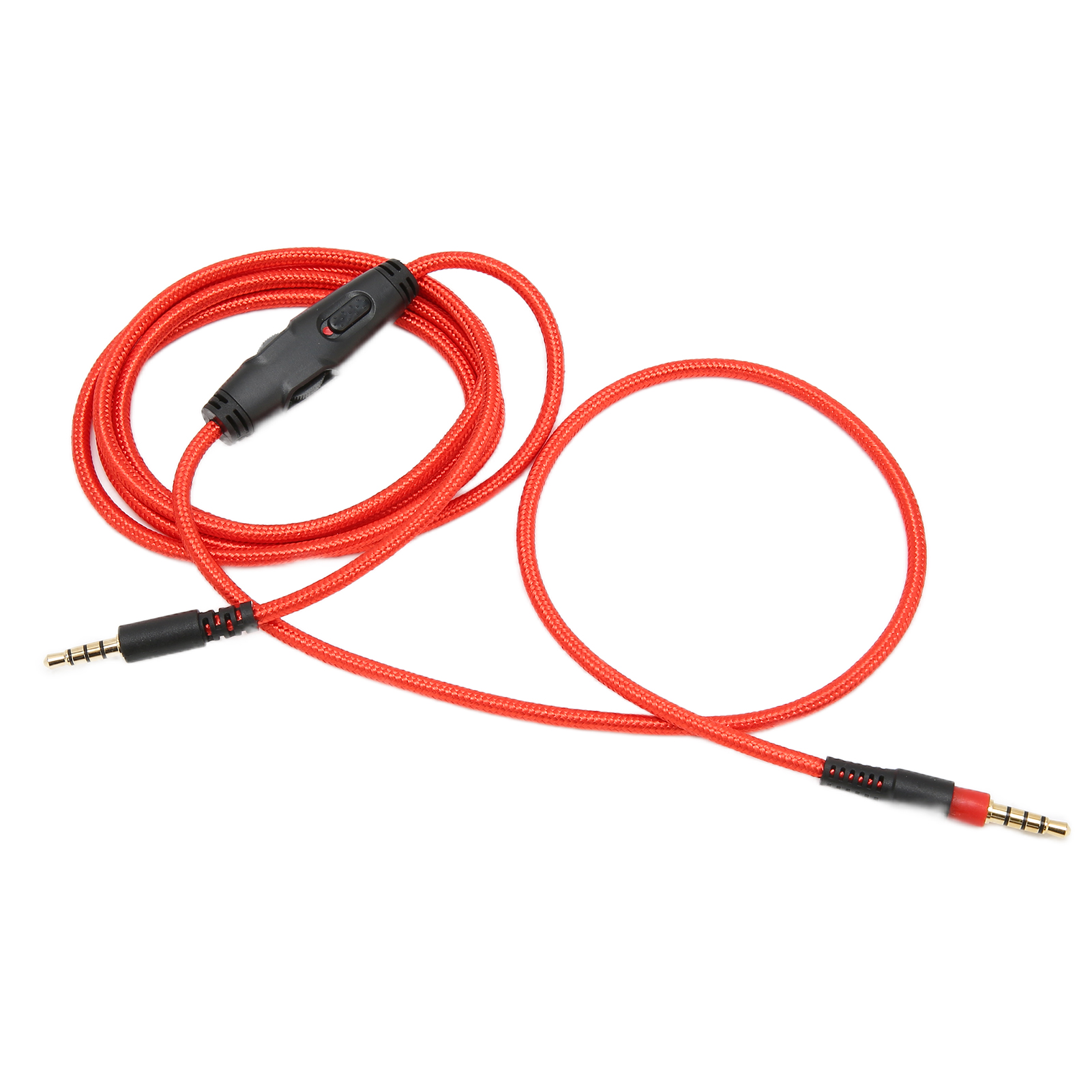 Ein rotes Audiokabel mit schwarzen Steckern und einem Steuermodul auf weißem Hintergrund.