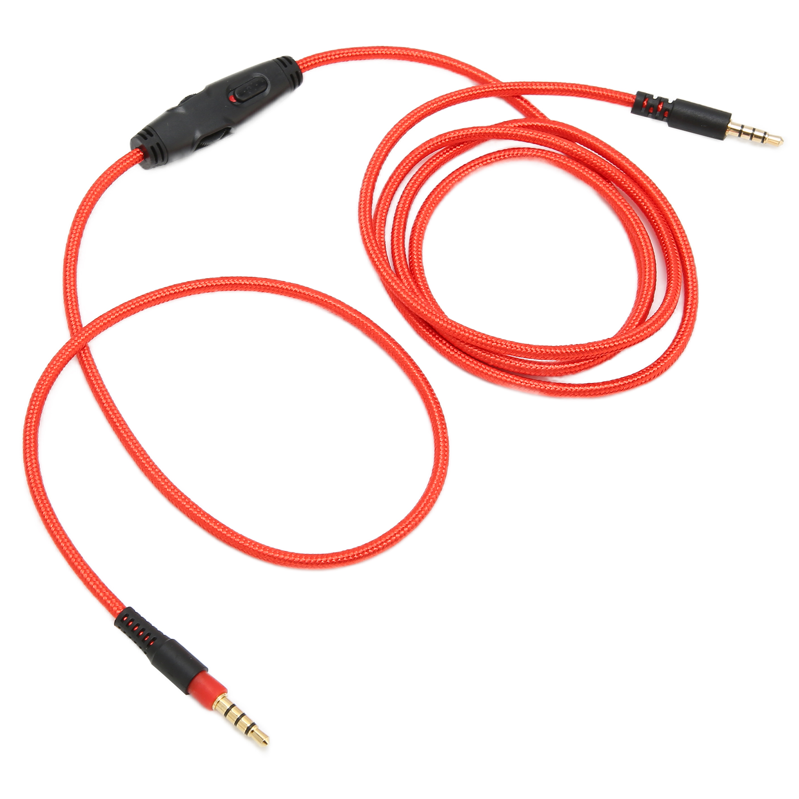 Dieses Bild zeigt ein rotes Kabel mit schwarzen Anschlüssen an jedem Ende und einer schwarzen Lautstärkeregelung in der Mitte.