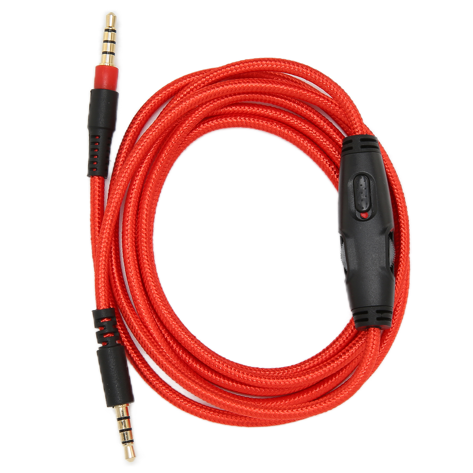Das Bild zeigt ein aufgerolltes rotes Audiokabel mit schwarzen Anschlüssen und einem Lautstärkeregler. Der Hintergrund ist weiß.